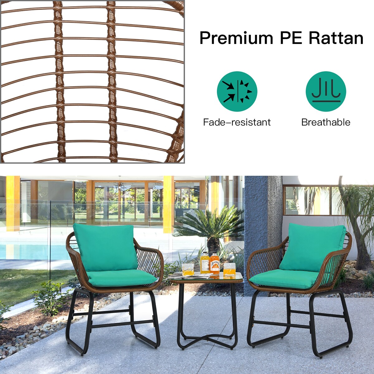 Ensemble bistrot Costway 3 pièces en rotin avec chaises rembourrées, table en verre et terrasse - Voir les détails
