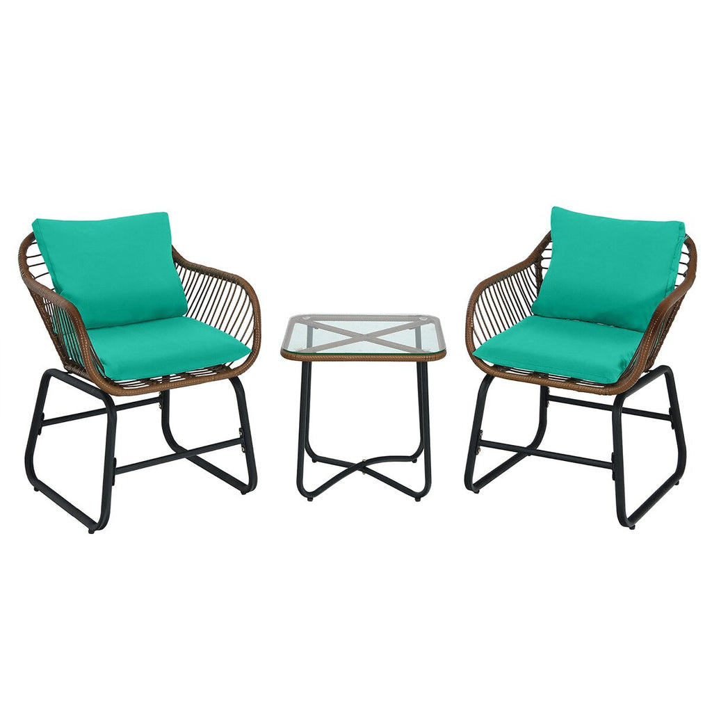 Ensemble bistrot Costway 3 pièces en rotin avec chaises rembourrées, table en verre et terrasse - Voir les détails