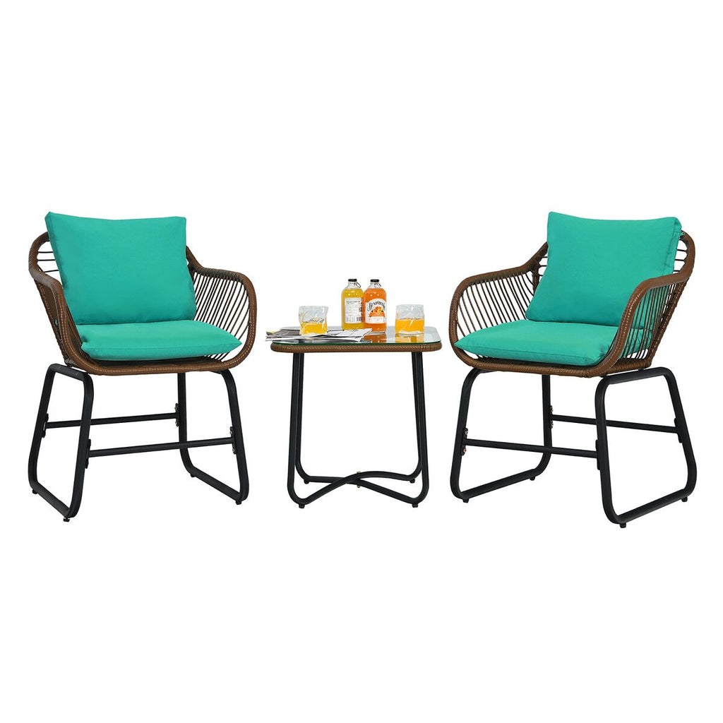 Ensemble bistrot Costway 3 pièces en rotin avec chaises rembourrées, table en verre et terrasse - Voir les détails