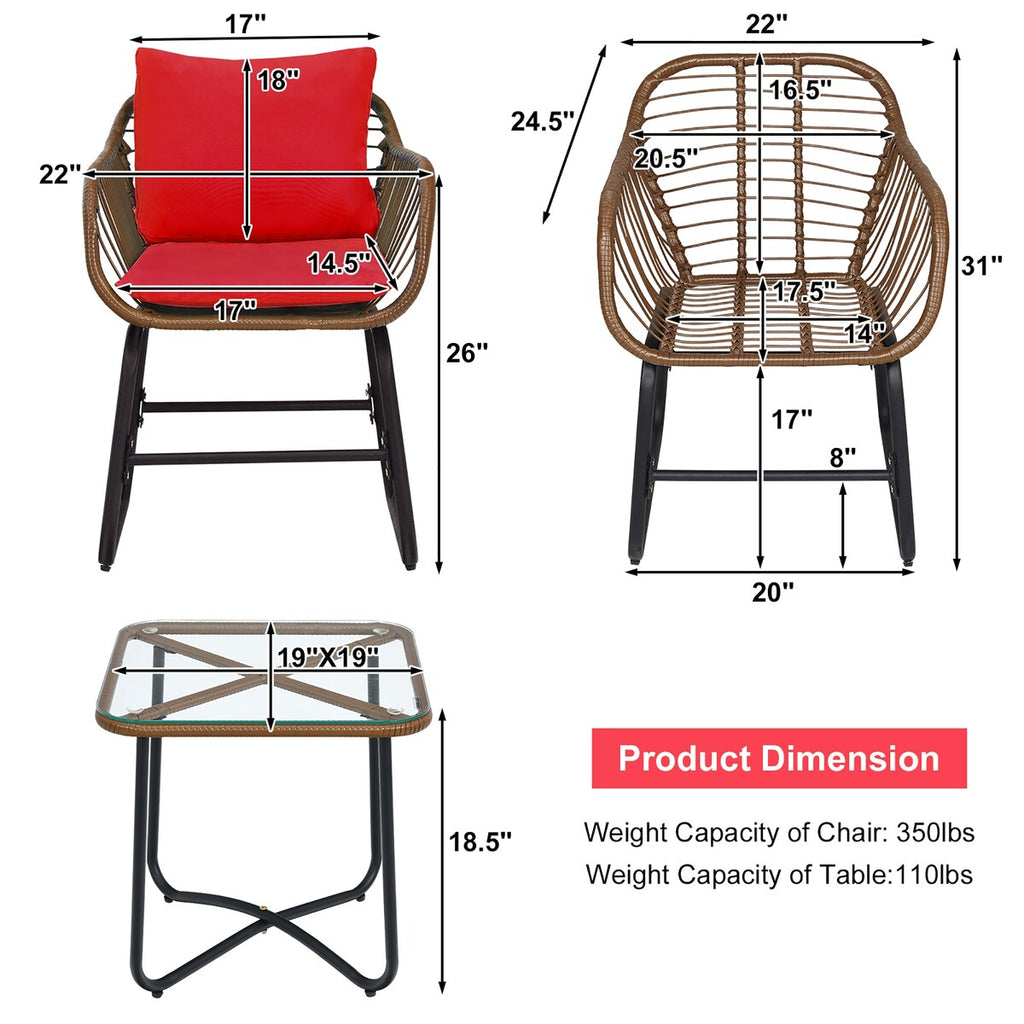 Ensemble bistrot Costway 3 pièces en rotin avec chaises rembourrées, table en verre et terrasse - Voir les détails