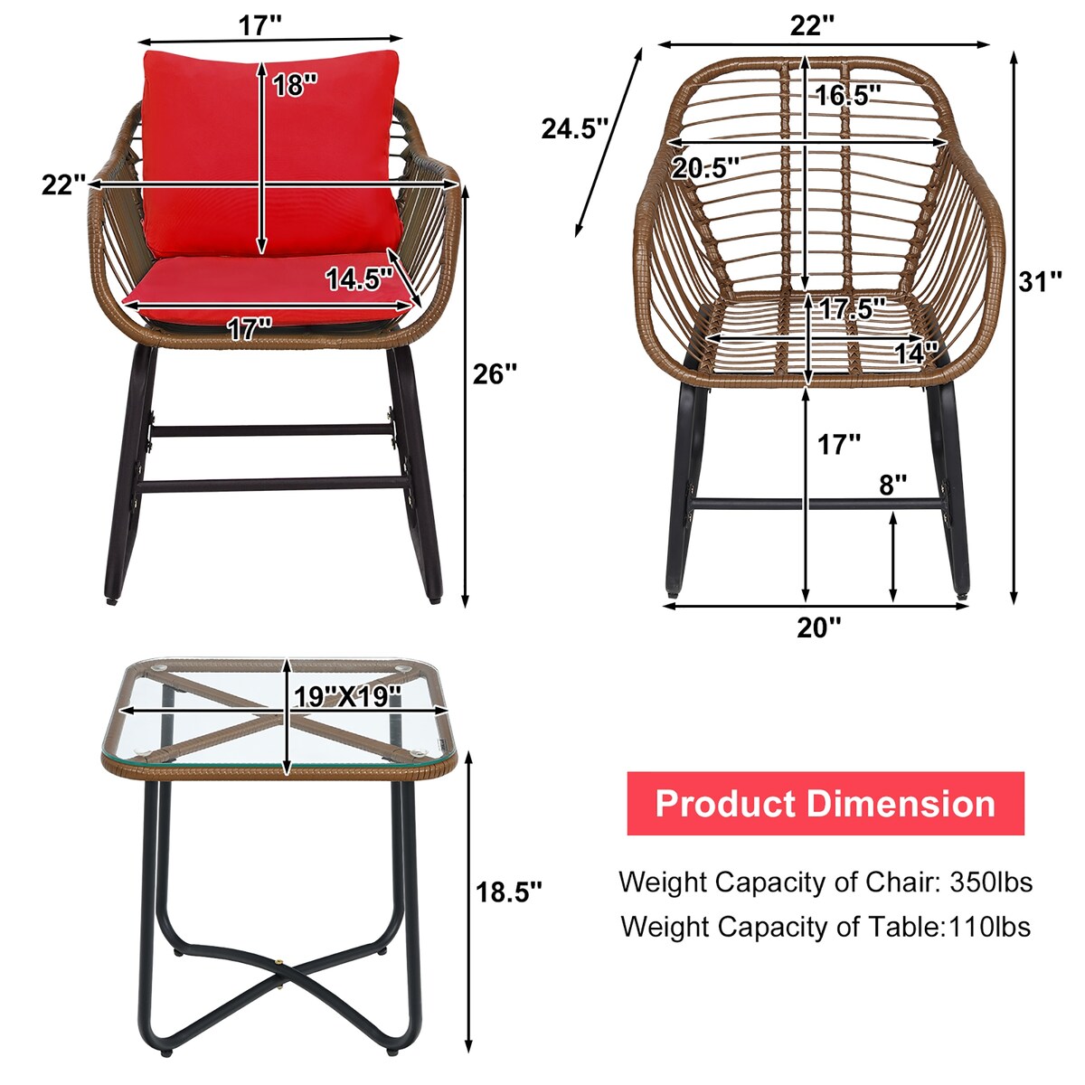Ensemble bistrot Costway 3 pièces en rotin avec chaises rembourrées, table en verre et terrasse - Voir les détails
