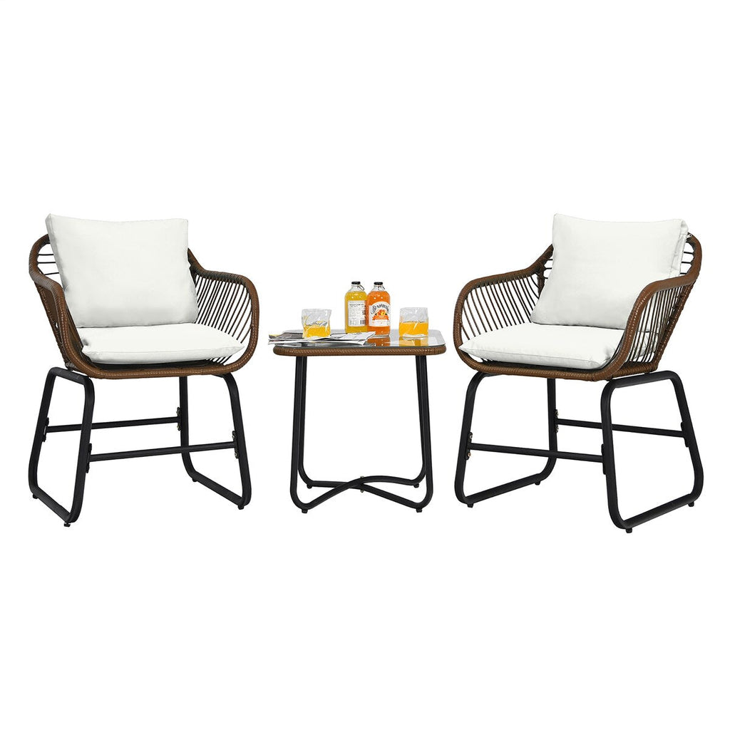 Ensemble bistrot Costway 3 pièces en rotin avec chaises rembourrées, table en verre et terrasse - Voir les détails