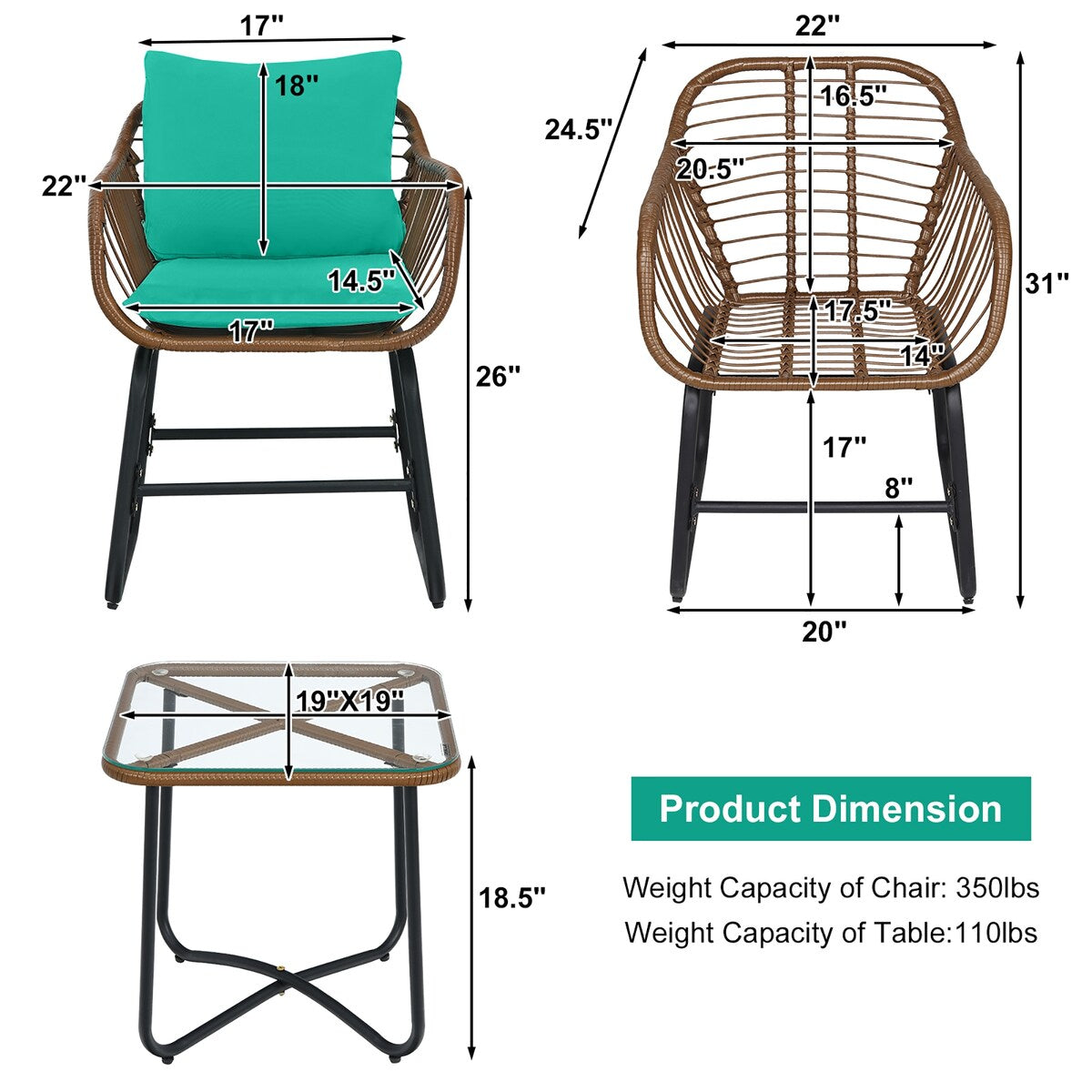 Ensemble bistrot Costway 3 pièces en rotin avec chaises rembourrées, table en verre et terrasse - Voir les détails