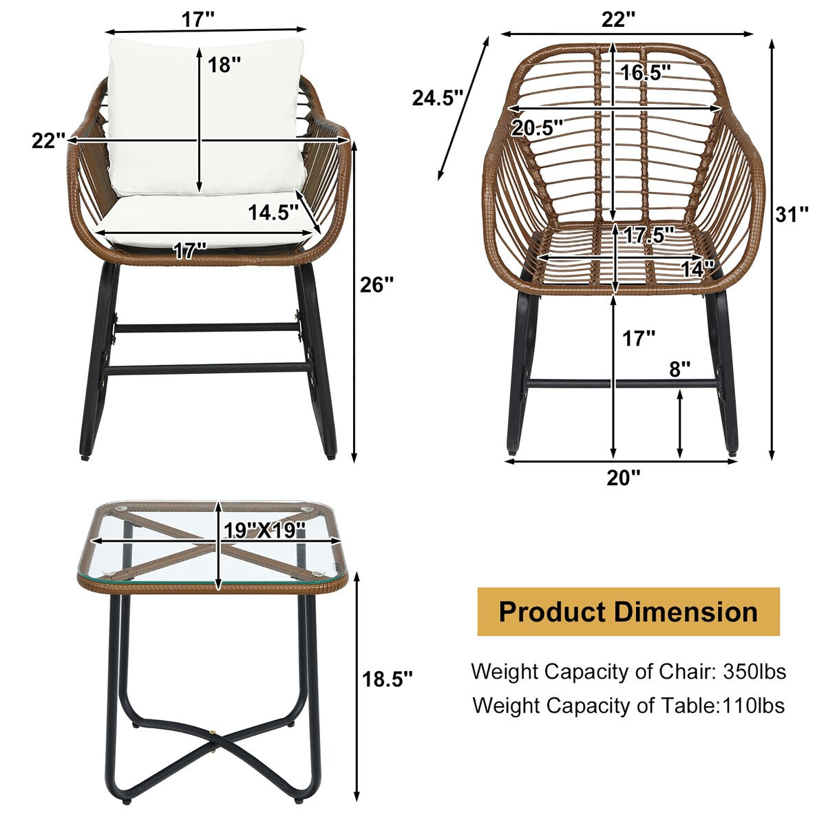 Ensemble bistrot Costway 3 pièces en rotin avec chaises rembourrées, table en verre et terrasse - Voir les détails