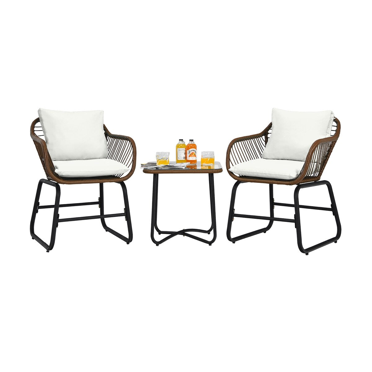 Ensemble bistrot Costway 3 pièces en rotin avec chaises rembourrées, table en verre et terrasse - Voir les détails