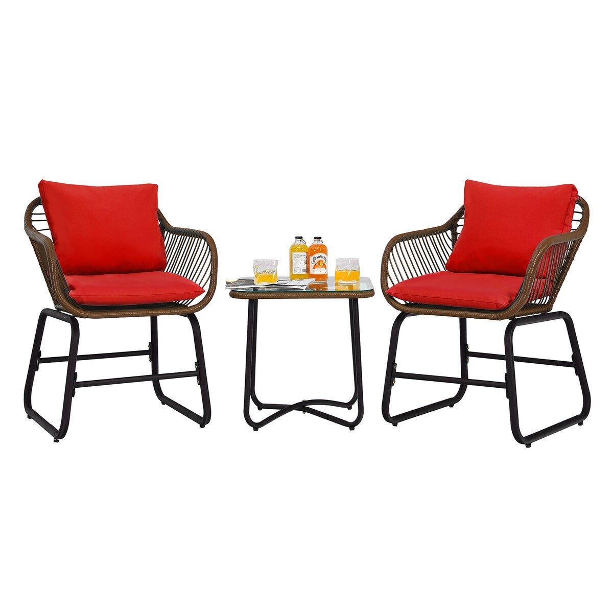 Ensemble bistrot Costway 3 pièces en rotin avec chaises rembourrées, table en verre et terrasse - Voir les détails