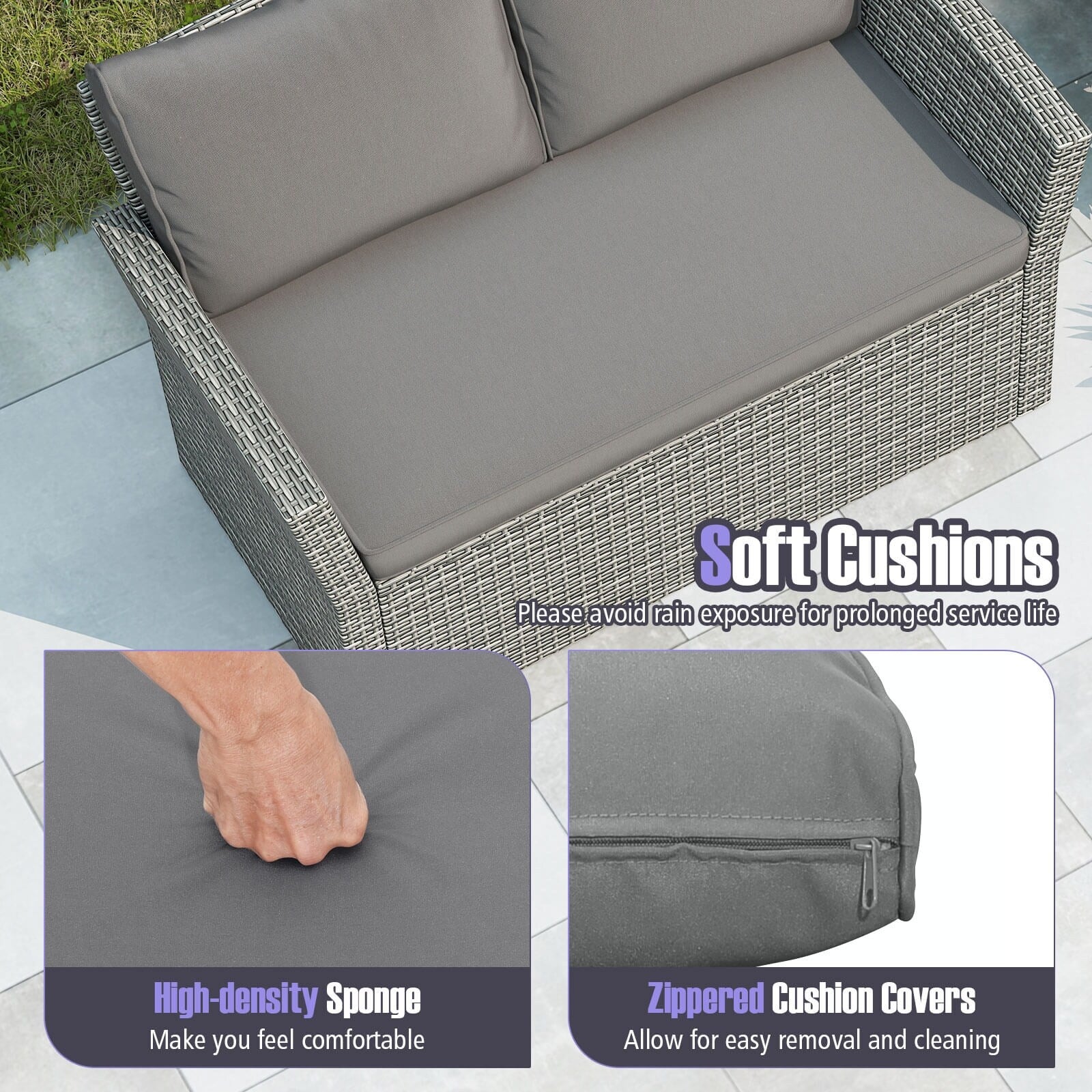 Ensemble de meubles de patio Costway 4 pièces avec 2 chaises en rotin et causeuse café - 4 pièces