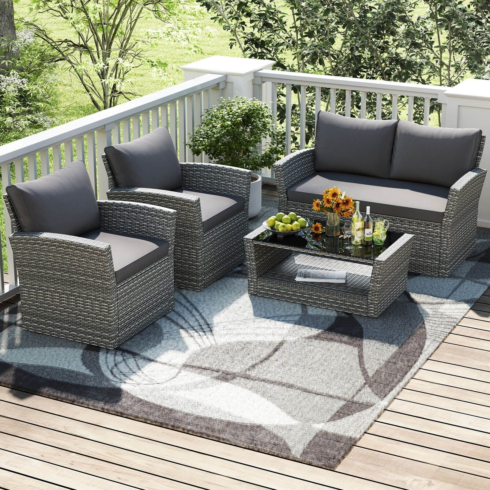 Ensemble de meubles de patio Costway 4 pièces avec 2 chaises en rotin et causeuse café - 4 pièces