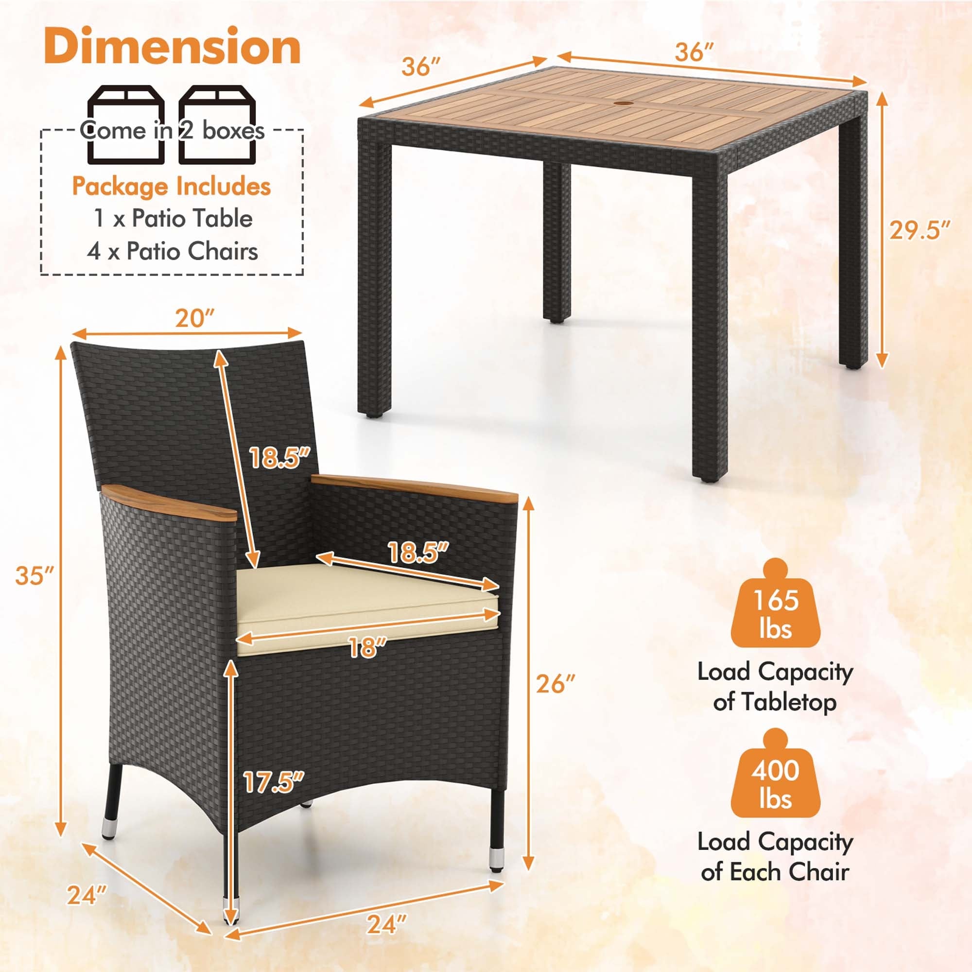 Ensemble de salle à manger de patio Costway 5 pièces pour 4 personnes, ensemble de conversation en rotin - Voir les détails