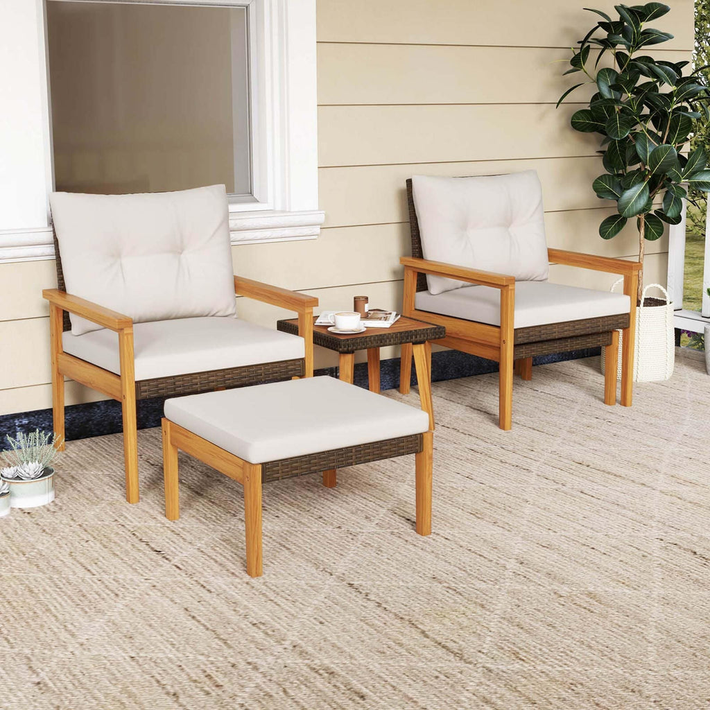 Ensemble de meubles en rotin Costway 5 pièces, chaises et poufs à cadre en bois - Voir les détails