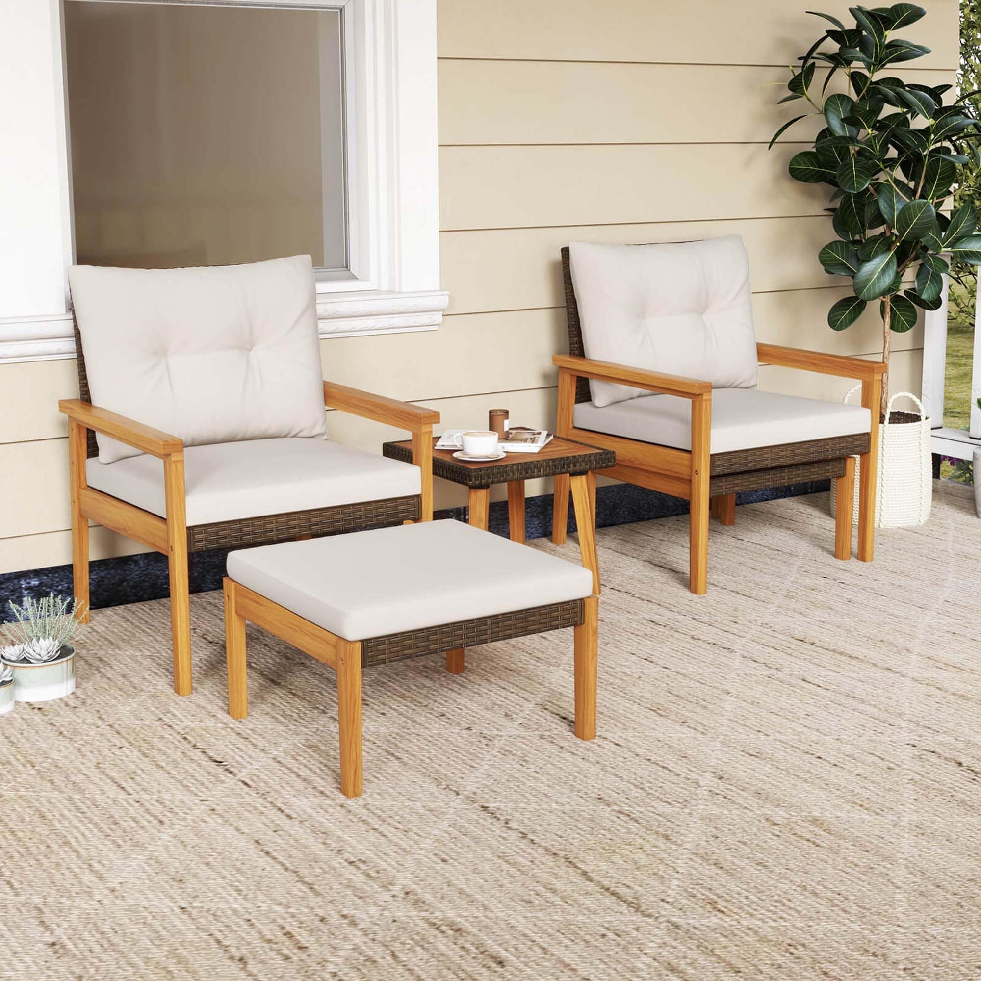 Ensemble de meubles en rotin Costway 5 pièces, chaises et poufs à cadre en bois - Voir les détails