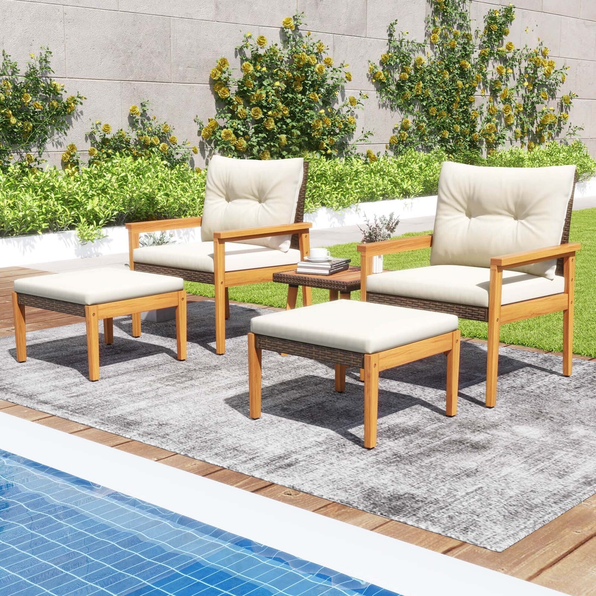 Ensemble de meubles en rotin Costway 5 pièces, chaises et poufs à cadre en bois - Voir les détails