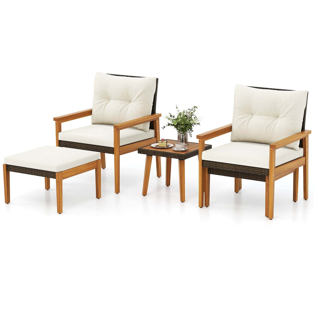 Ensemble de meubles en rotin Costway 5 pièces, chaises et poufs à cadre en bois - Voir les détails