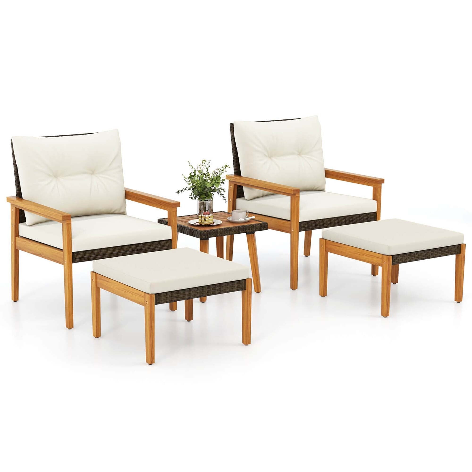 Ensemble de meubles en rotin Costway 5 pièces, chaises et poufs à cadre en bois - Voir les détails