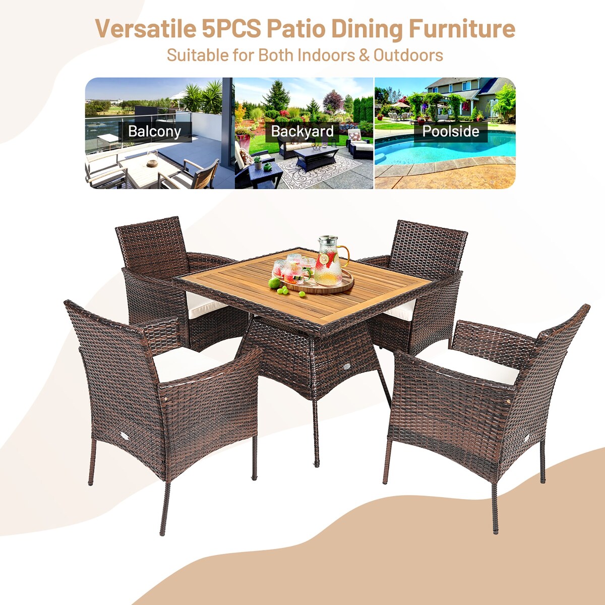 Ensemble de salle à manger en rotin Costway 5 pièces avec fauteuils, table en bois et accoudoirs - Voir les détails