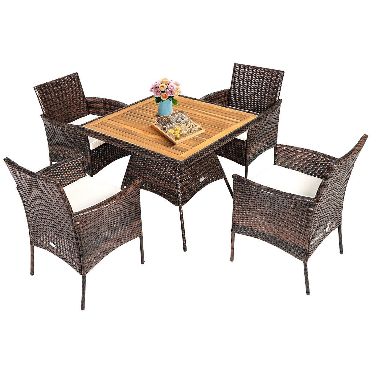 Ensemble de salle à manger en rotin Costway 5 pièces avec fauteuils, table en bois et accoudoirs - Voir les détails