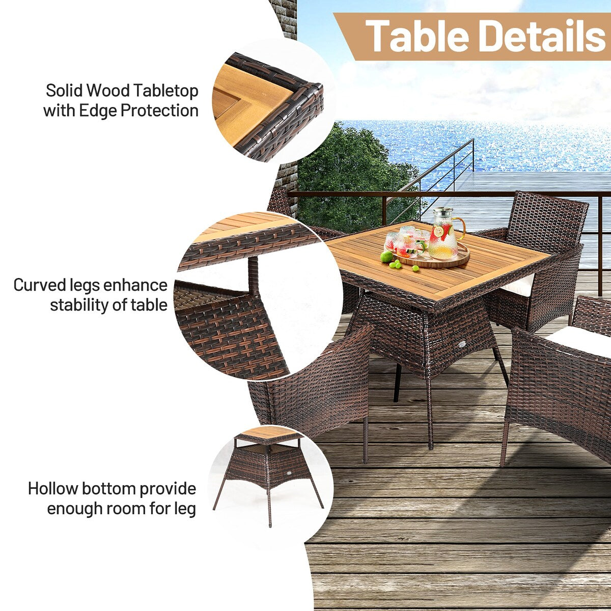 Ensemble de salle à manger en rotin Costway 5 pièces avec fauteuils, table en bois et accoudoirs - Voir les détails