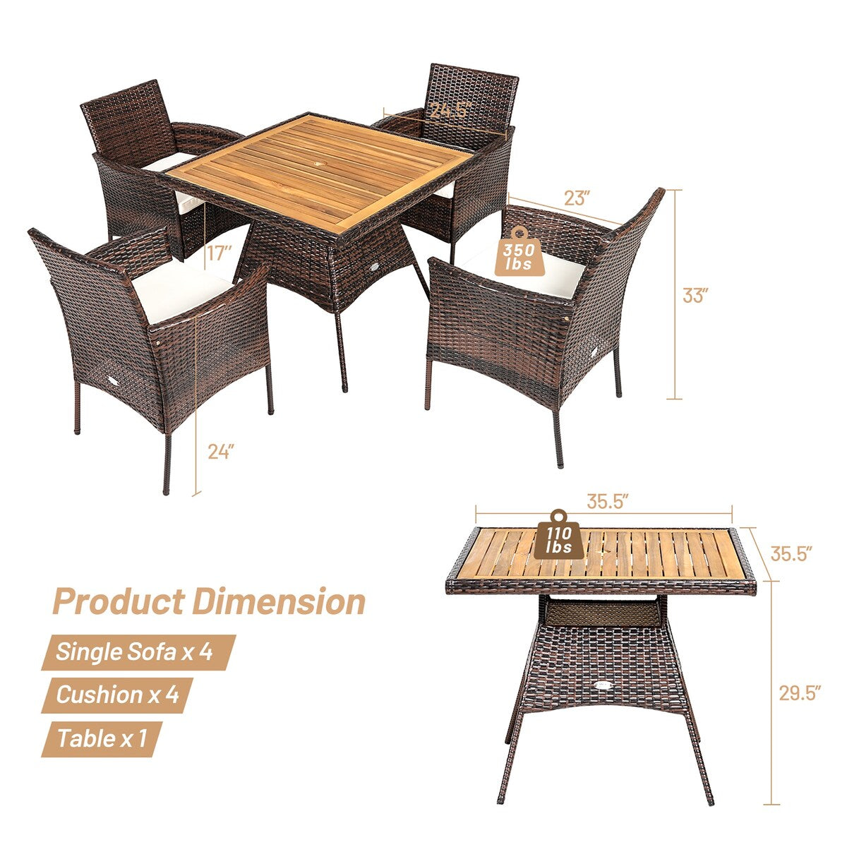 Ensemble de salle à manger en rotin Costway 5 pièces avec fauteuils, table en bois et accoudoirs - Voir les détails