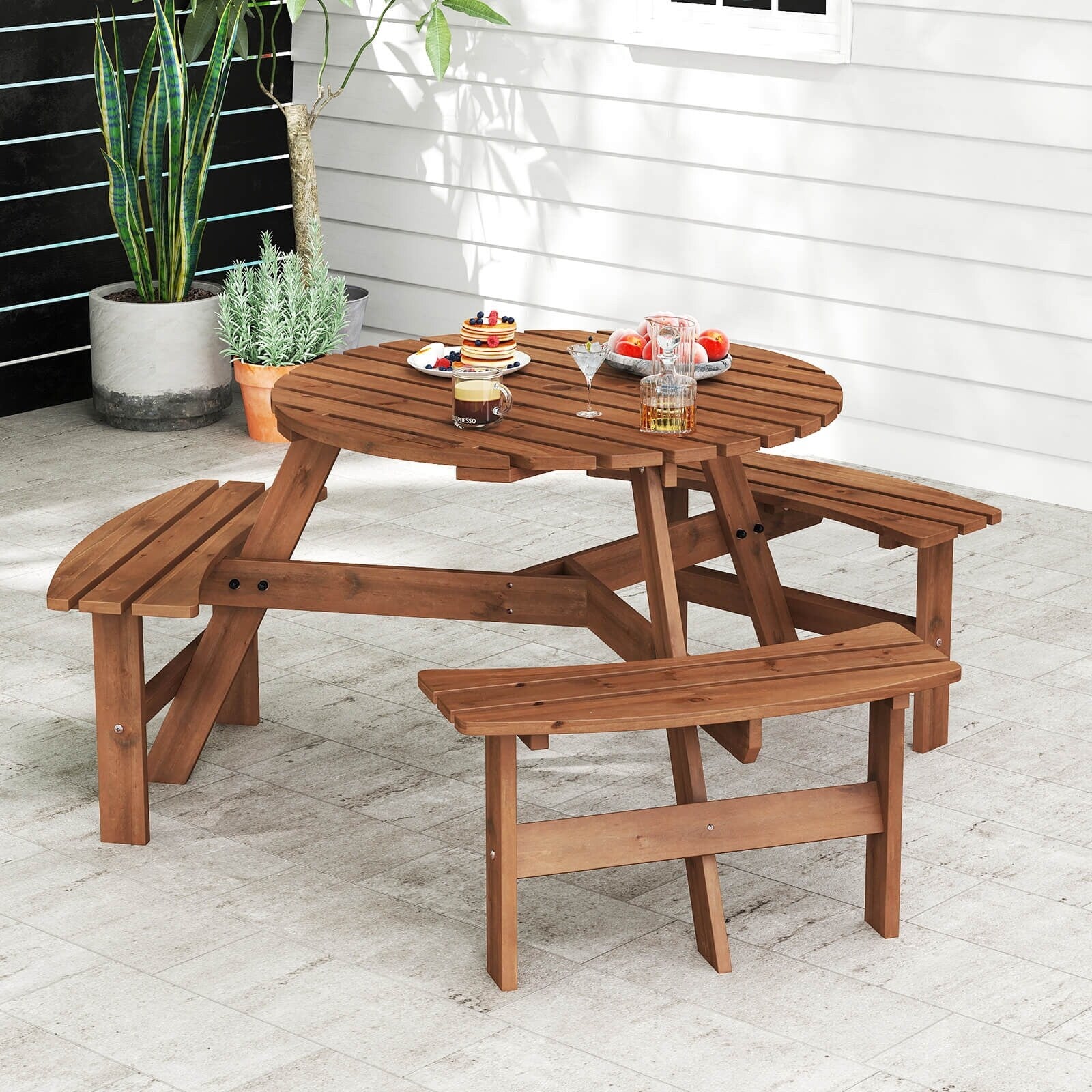 Ensemble de table de pique-nique ronde Costway pour 6 personnes avec 3 bancs intégrés 2 - Voir les détails