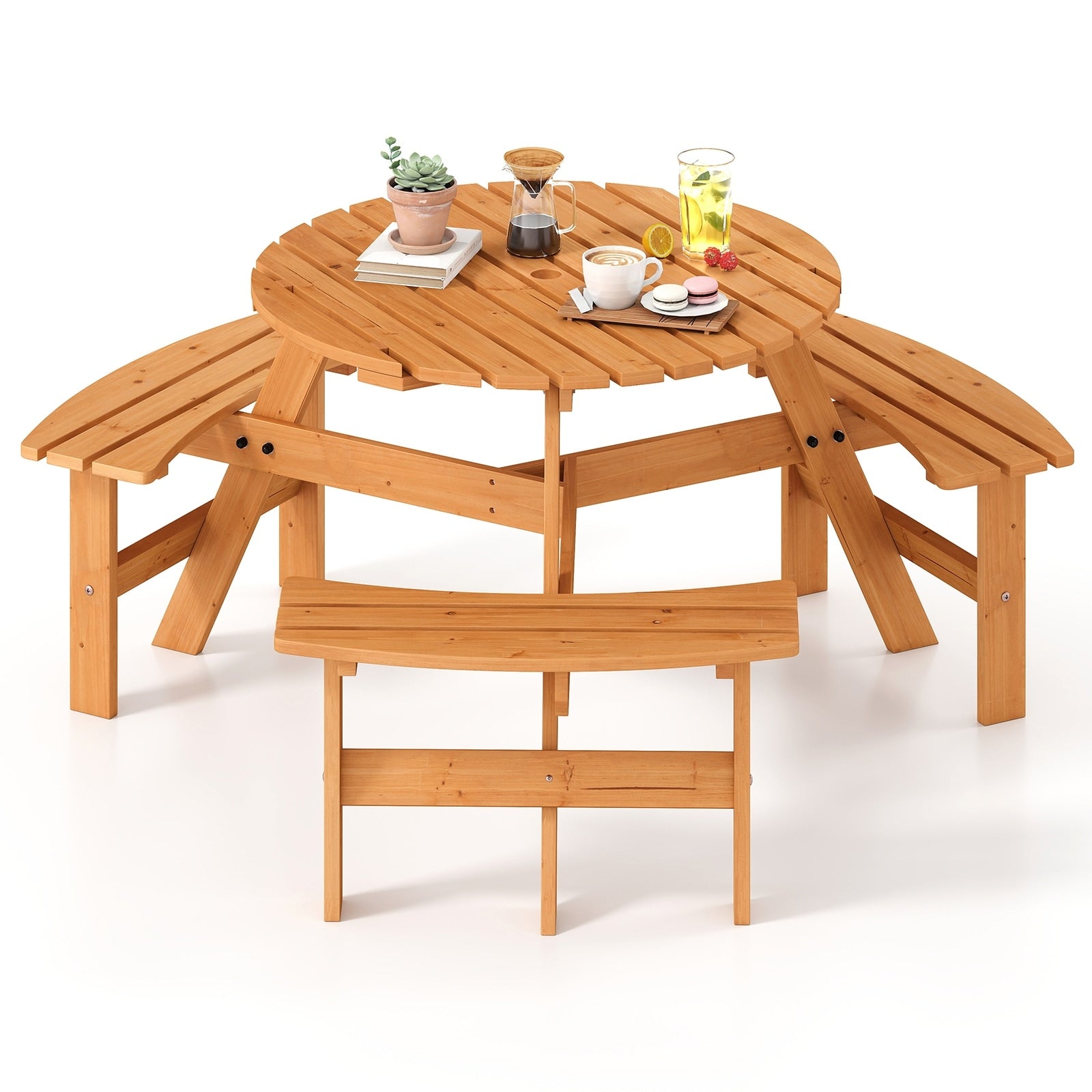 Ensemble de table de pique-nique ronde Costway pour 6 personnes avec 3 bancs intégrés 2 - Voir les détails