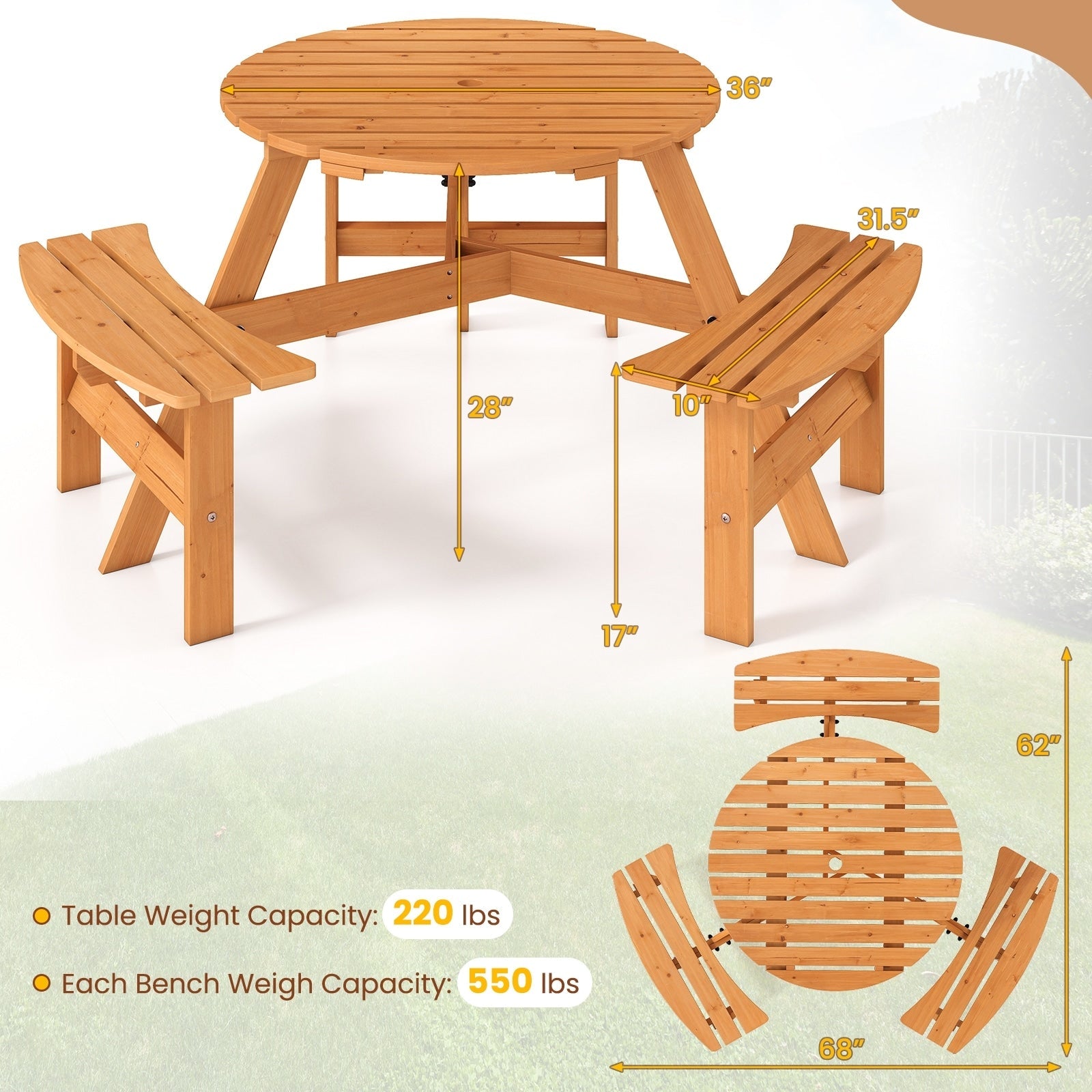 Ensemble de table de pique-nique ronde Costway pour 6 personnes avec 3 bancs intégrés 2 - Voir les détails