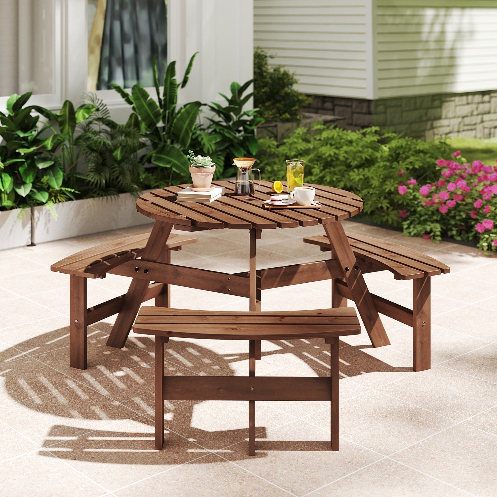 Ensemble de table de pique-nique ronde Costway pour 6 personnes avec 3 bancs intégrés 2 - Voir les détails