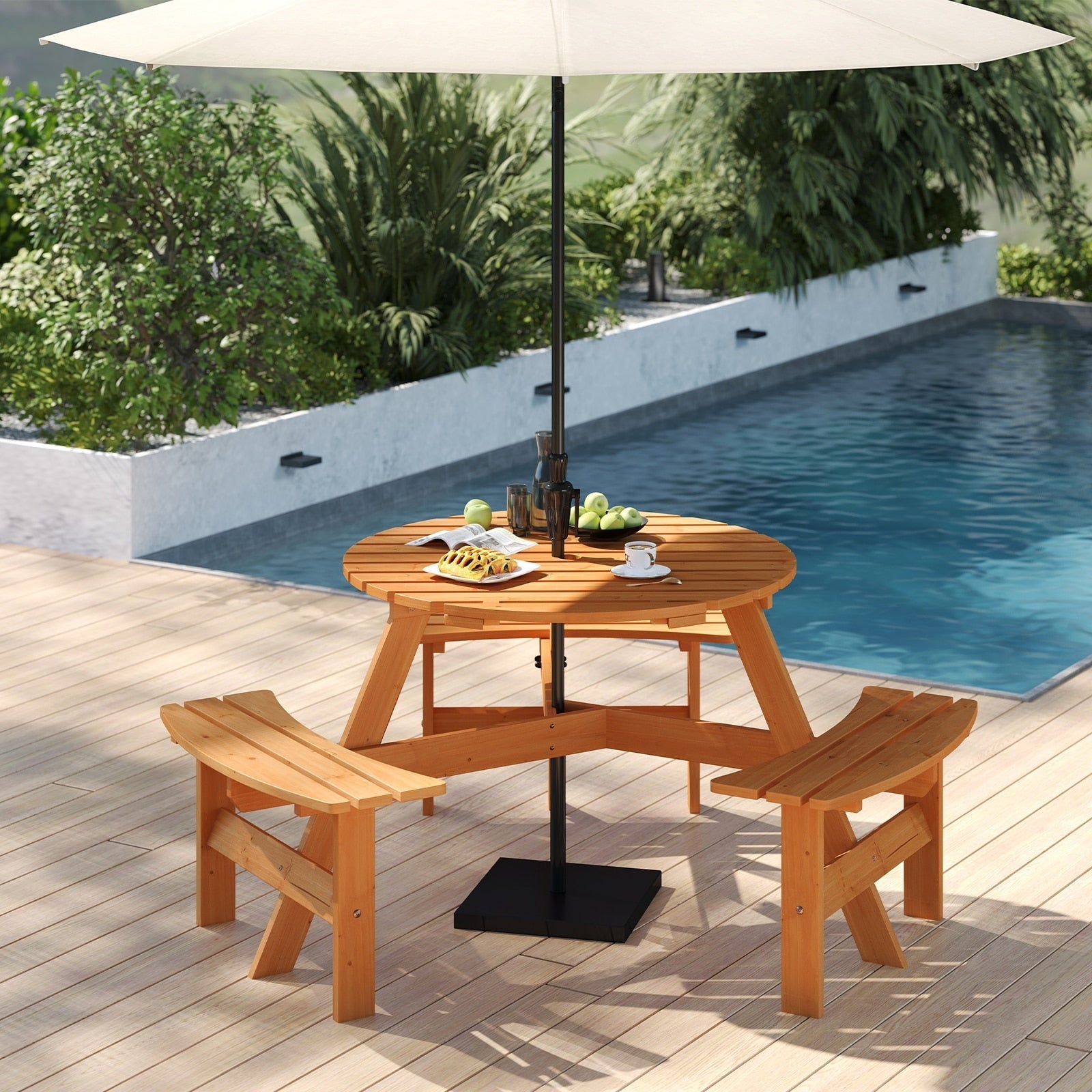 Ensemble de table de pique-nique ronde Costway pour 6 personnes avec 3 bancs intégrés 2 - Voir les détails