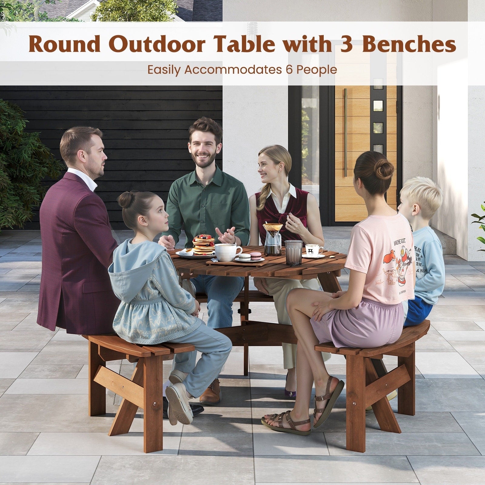 Ensemble de table de pique-nique ronde Costway pour 6 personnes avec 3 bancs intégrés 2 - Voir les détails