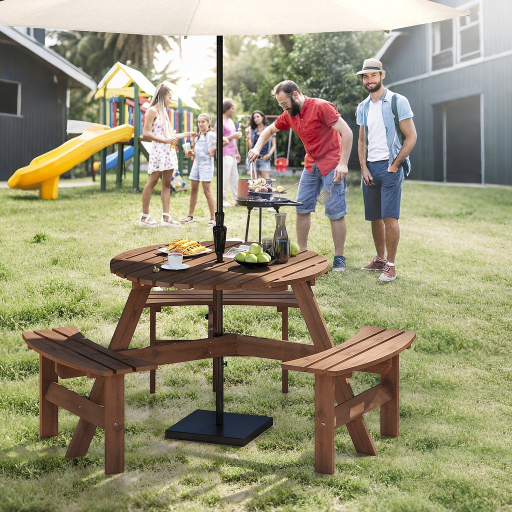 Ensemble de table de pique-nique ronde Costway pour 6 personnes avec 3 bancs intégrés 2 - Voir les détails