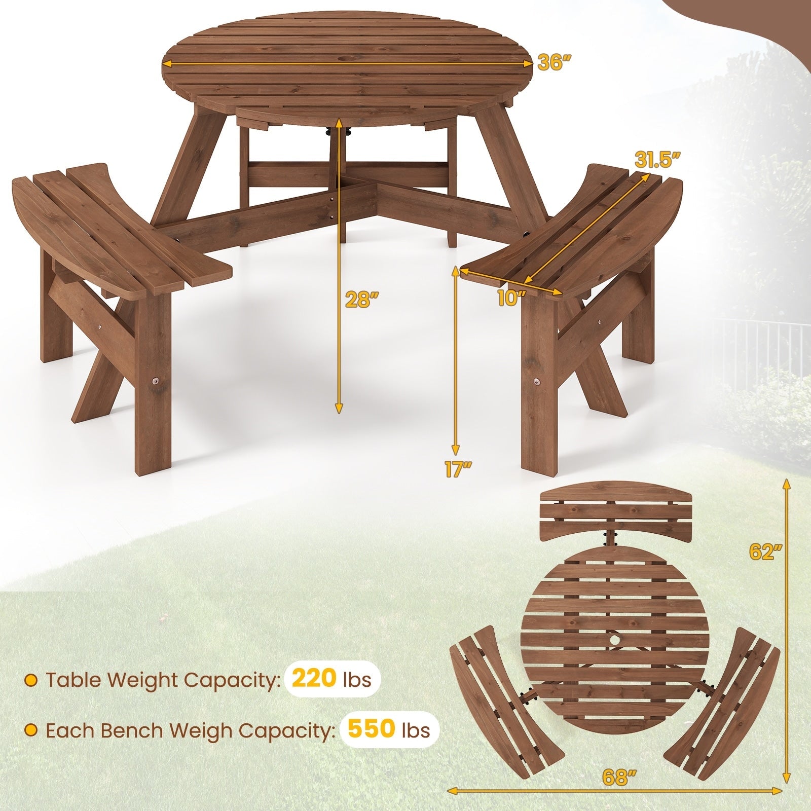 Ensemble de table de pique-nique ronde Costway pour 6 personnes avec 3 bancs intégrés 2 - Voir les détails