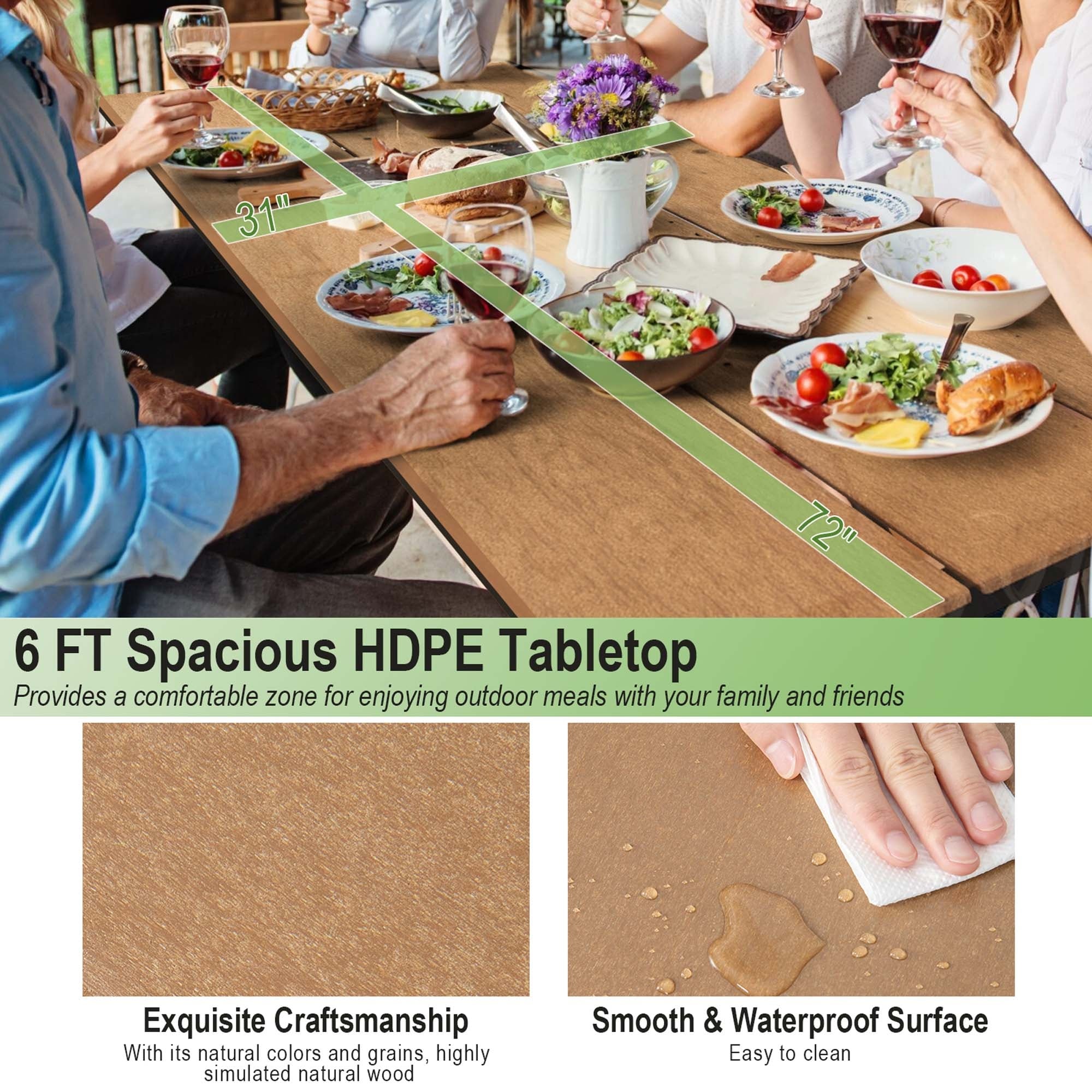 Ensemble table de pique-nique et banc Costway 6 pieds en PEHD robuste pour l'extérieur - Voir les détails