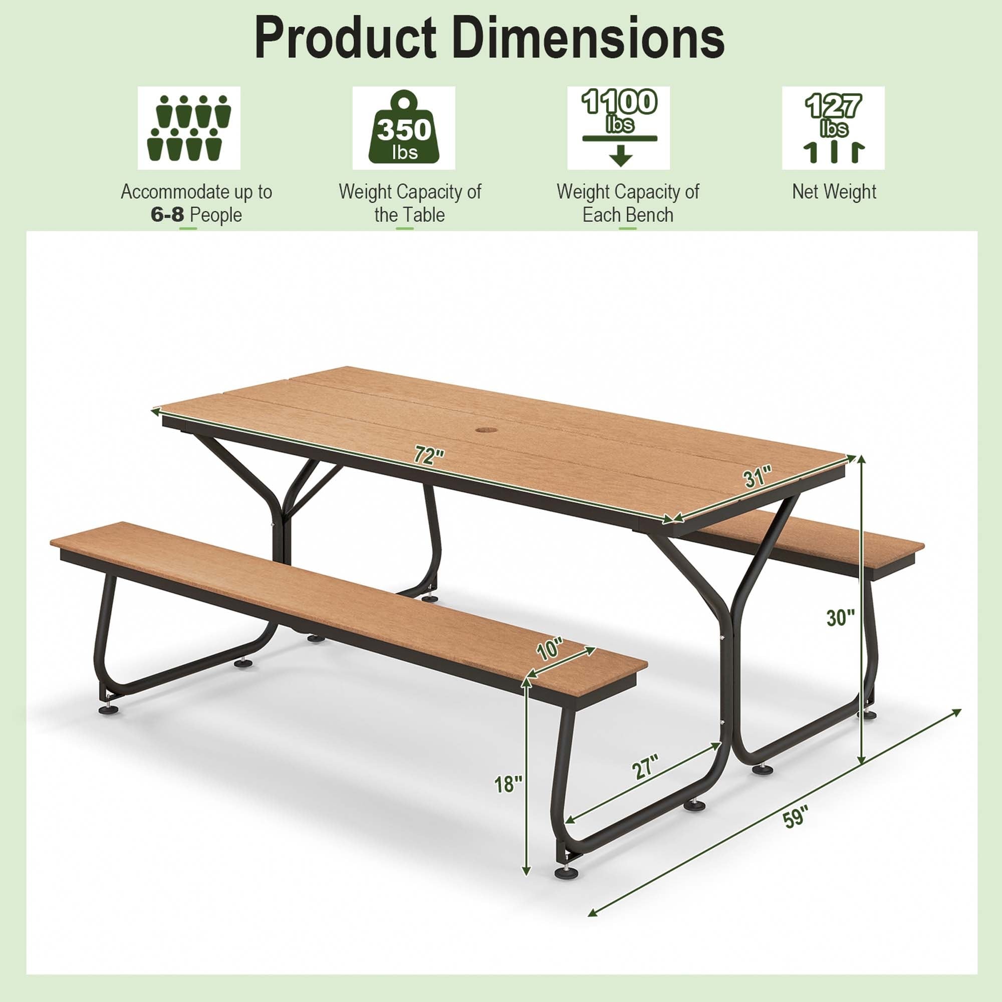 Ensemble table de pique-nique et banc Costway 6 pieds en PEHD robuste pour l'extérieur - Voir les détails