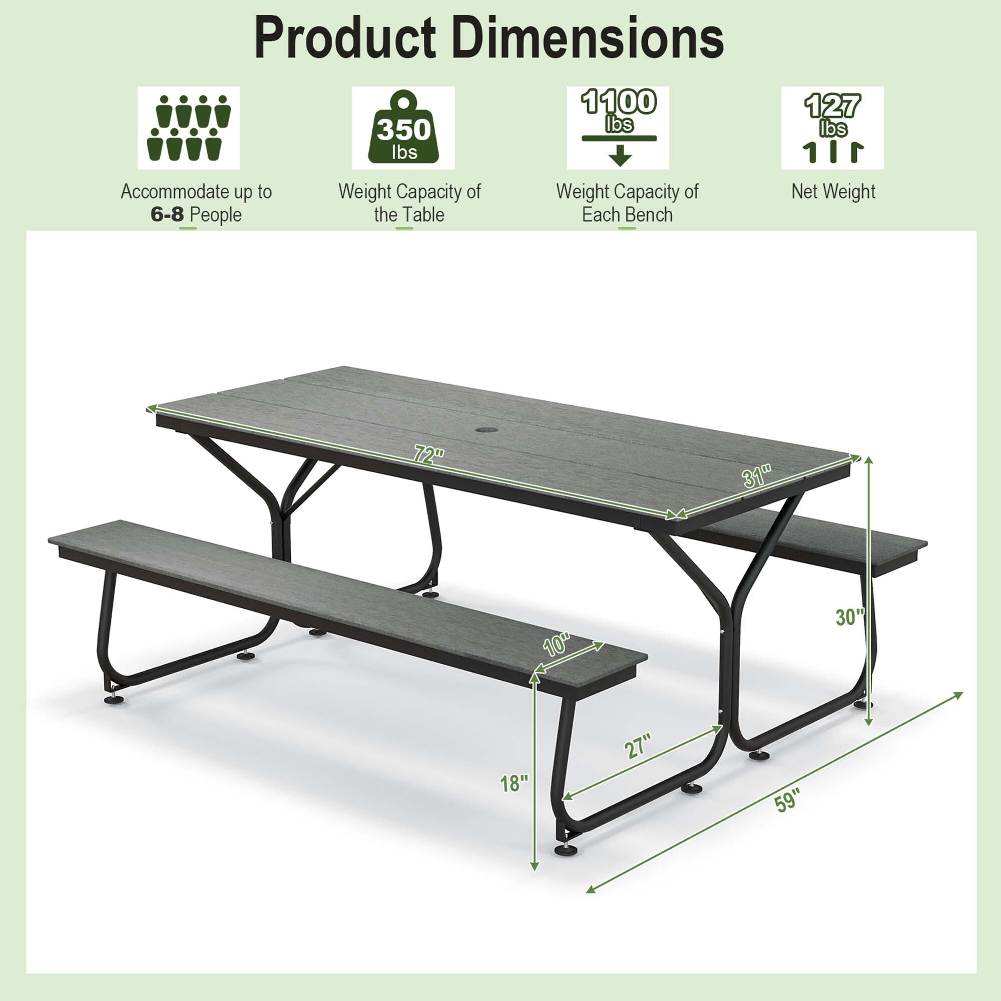 Ensemble table de pique-nique et banc Costway 6 pieds en PEHD robuste pour l'extérieur - Voir les détails