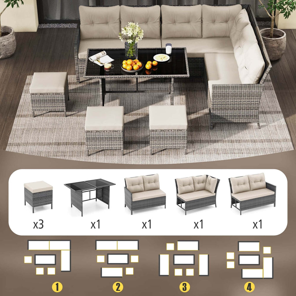 Ensemble de meubles de salle à manger et de jardin Costway 7 pièces, canapé sectionnel en rotin synthétique - Voir les détails