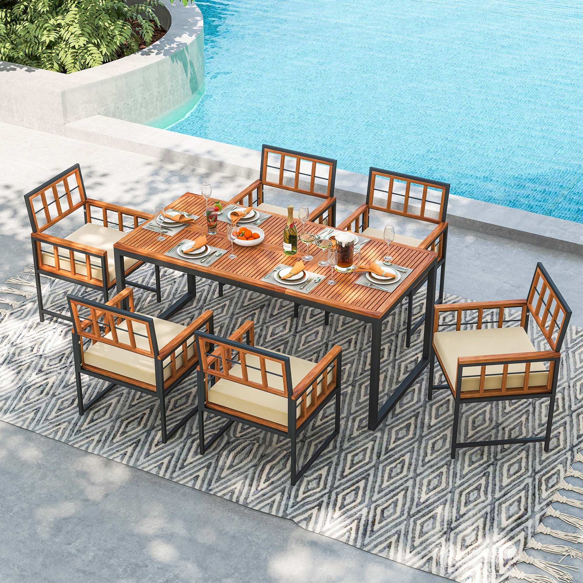 Ensemble de salle à manger d'extérieur Costway 7 pièces en bois d'acacia avec revêtement doux - Voir les détails