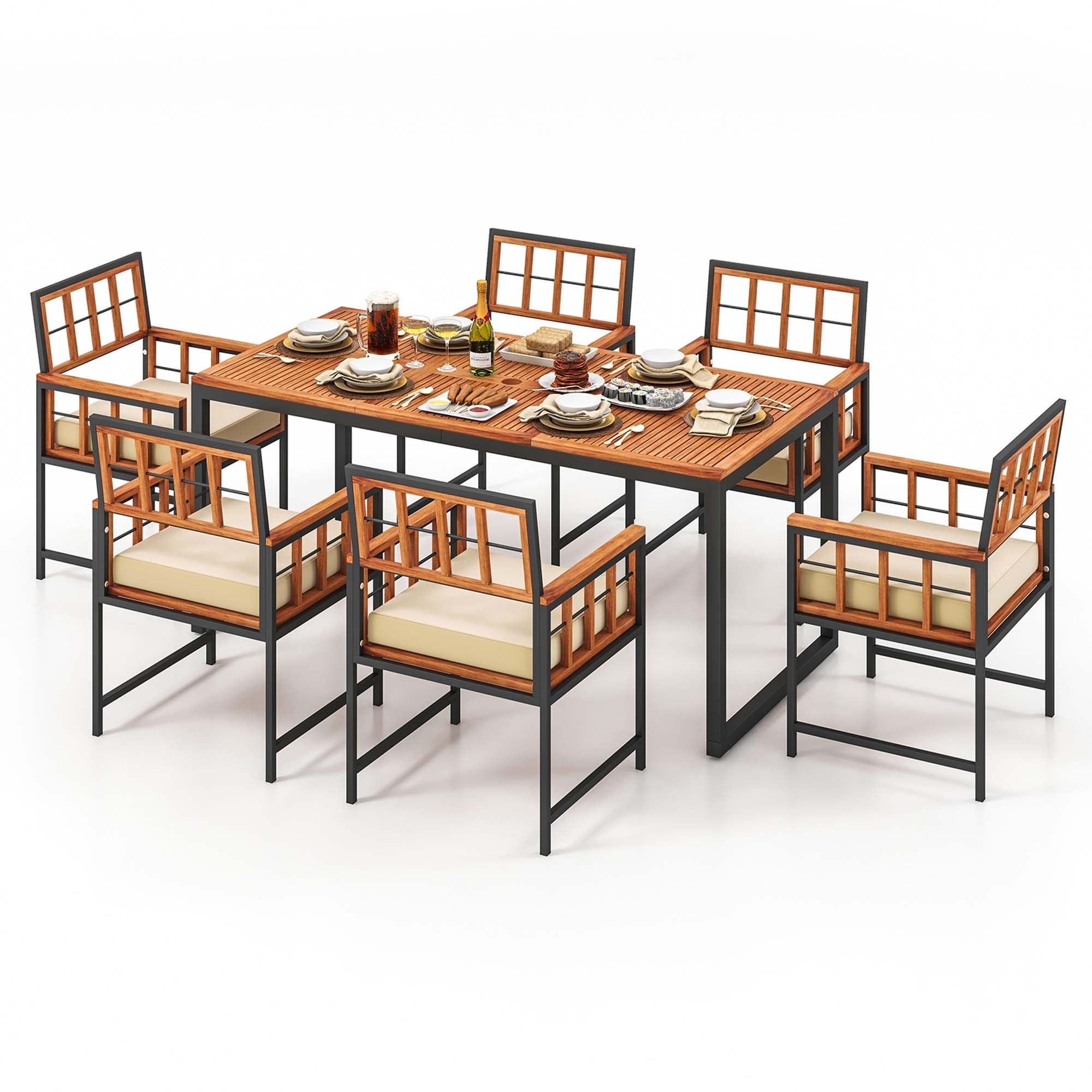 Ensemble de salle à manger d'extérieur Costway 7 pièces en bois d'acacia avec revêtement doux - Voir les détails