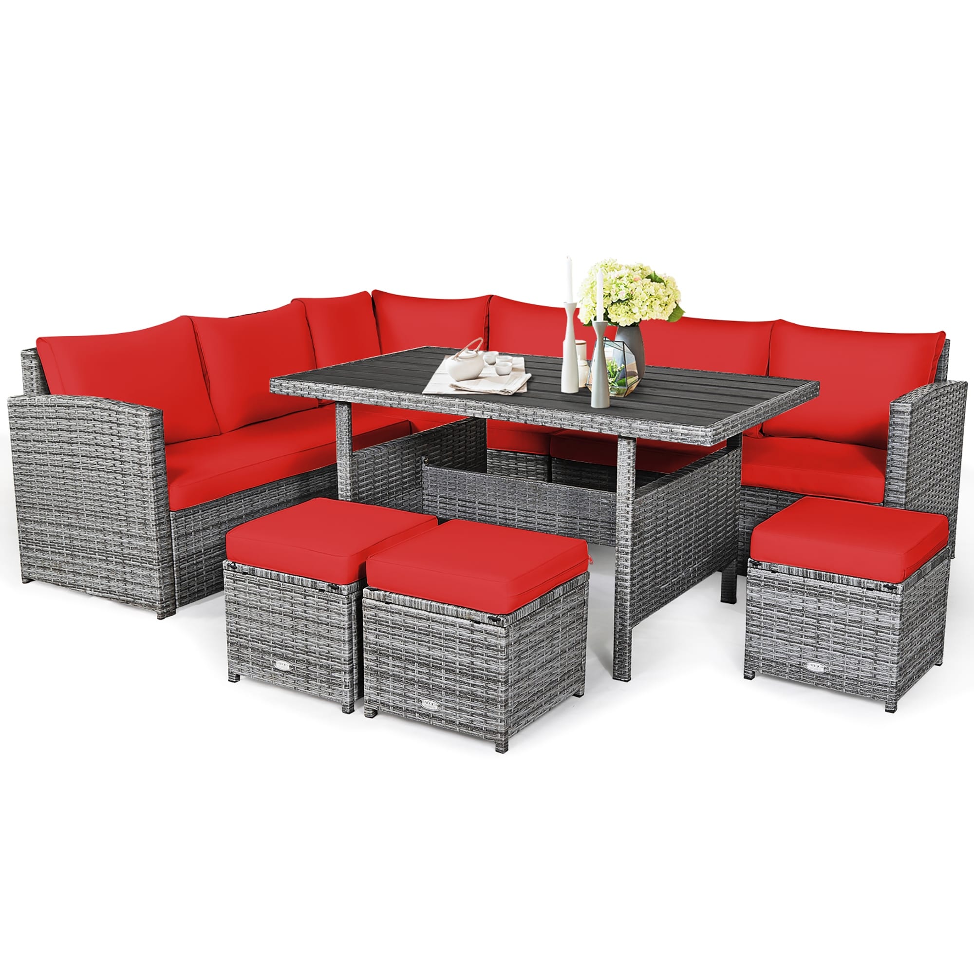 Ensemble de salle à manger en rotin Costway 7 pièces avec canapé sectionnel et pouf - Voir les détails