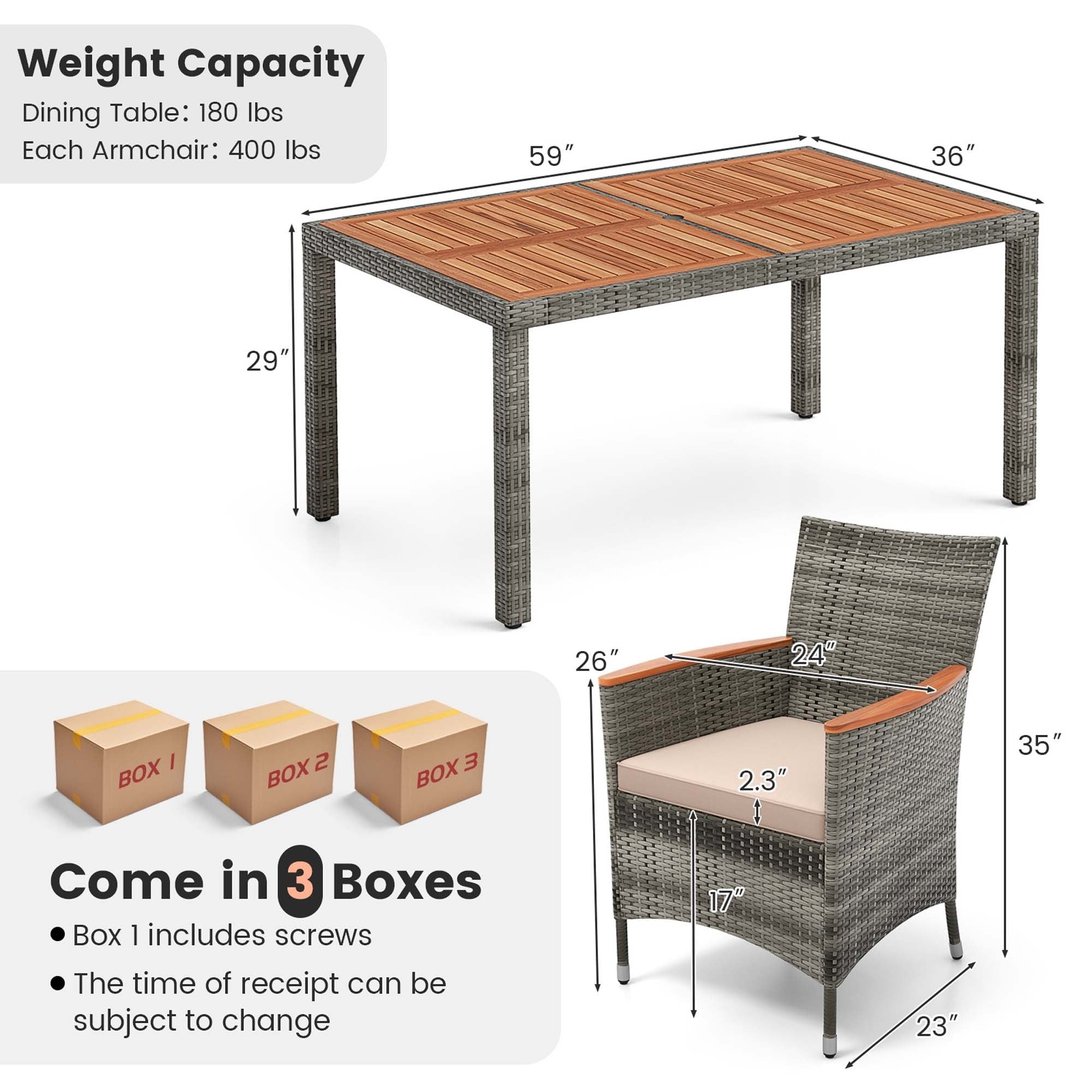 Ensemble de salle à manger d'extérieur Costway 7 pièces en osier avec table en bois d'acacia et - Voir les détails