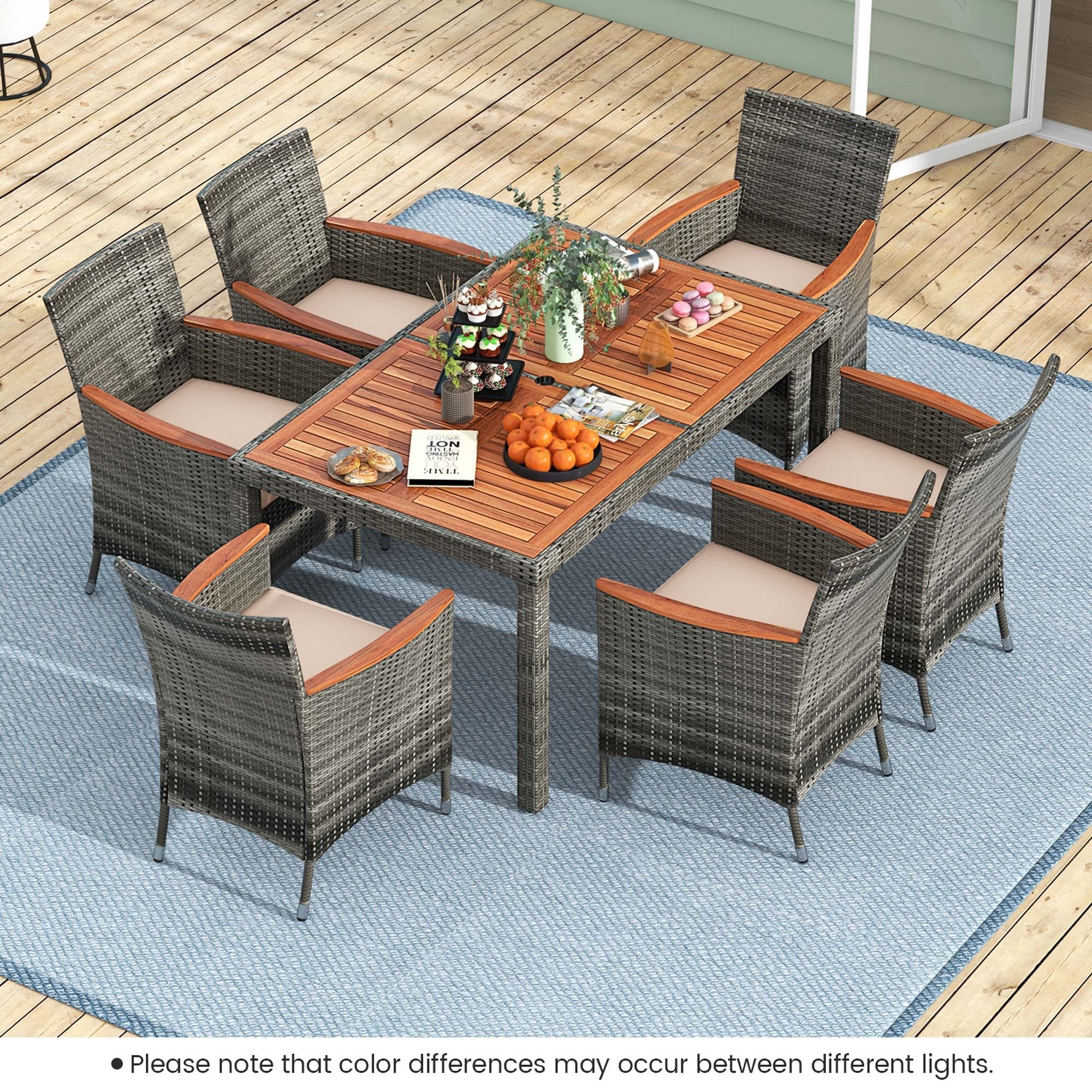 Ensemble de salle à manger d'extérieur Costway 7 pièces en osier avec table en bois d'acacia et - Voir les détails