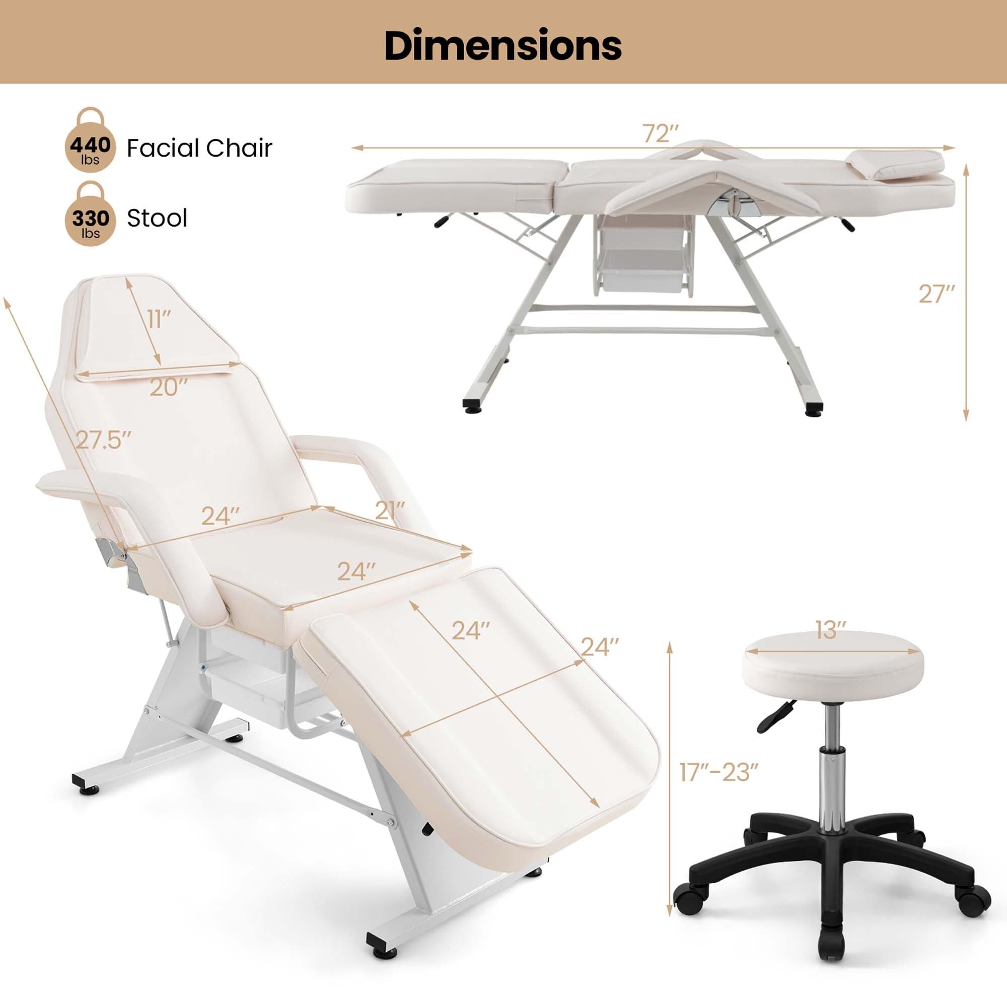 Lit de massage Costway 72 avec tabouret hydraulique, dossier réglable et