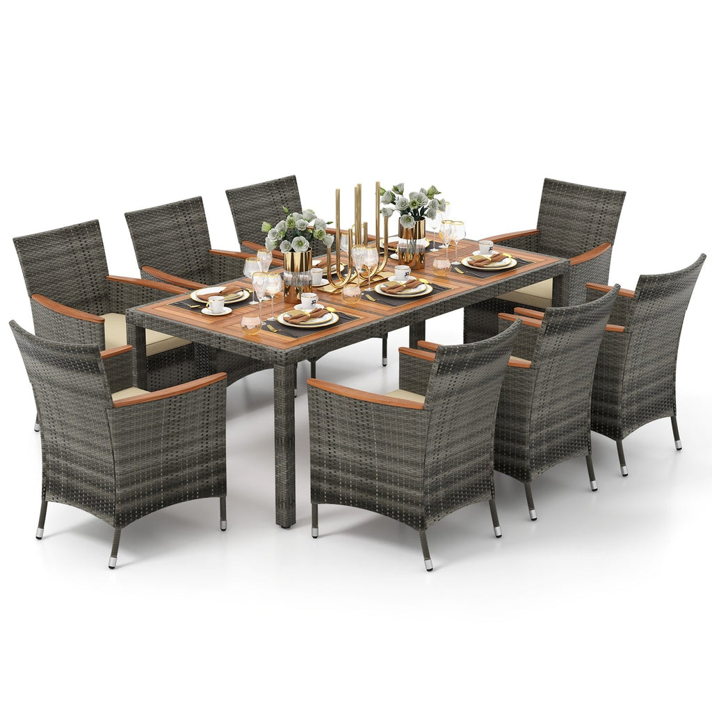 Ensemble de salle à manger d'extérieur Costway 9 pièces en osier avec table en bois d'acacia et 8 chaises - Voir les détails