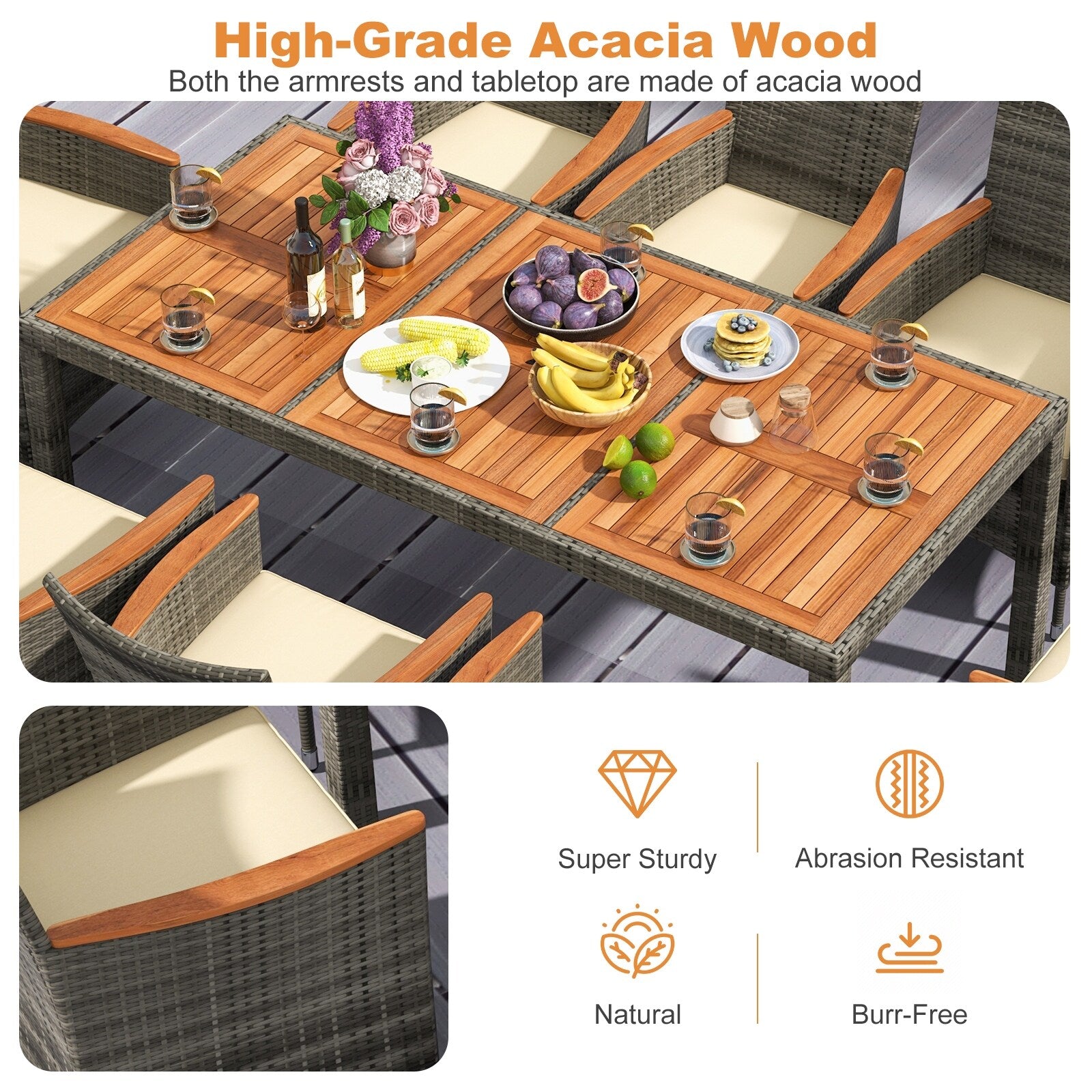 Ensemble de salle à manger d'extérieur Costway 9 pièces en osier avec table en bois d'acacia et 8 chaises - Voir les détails