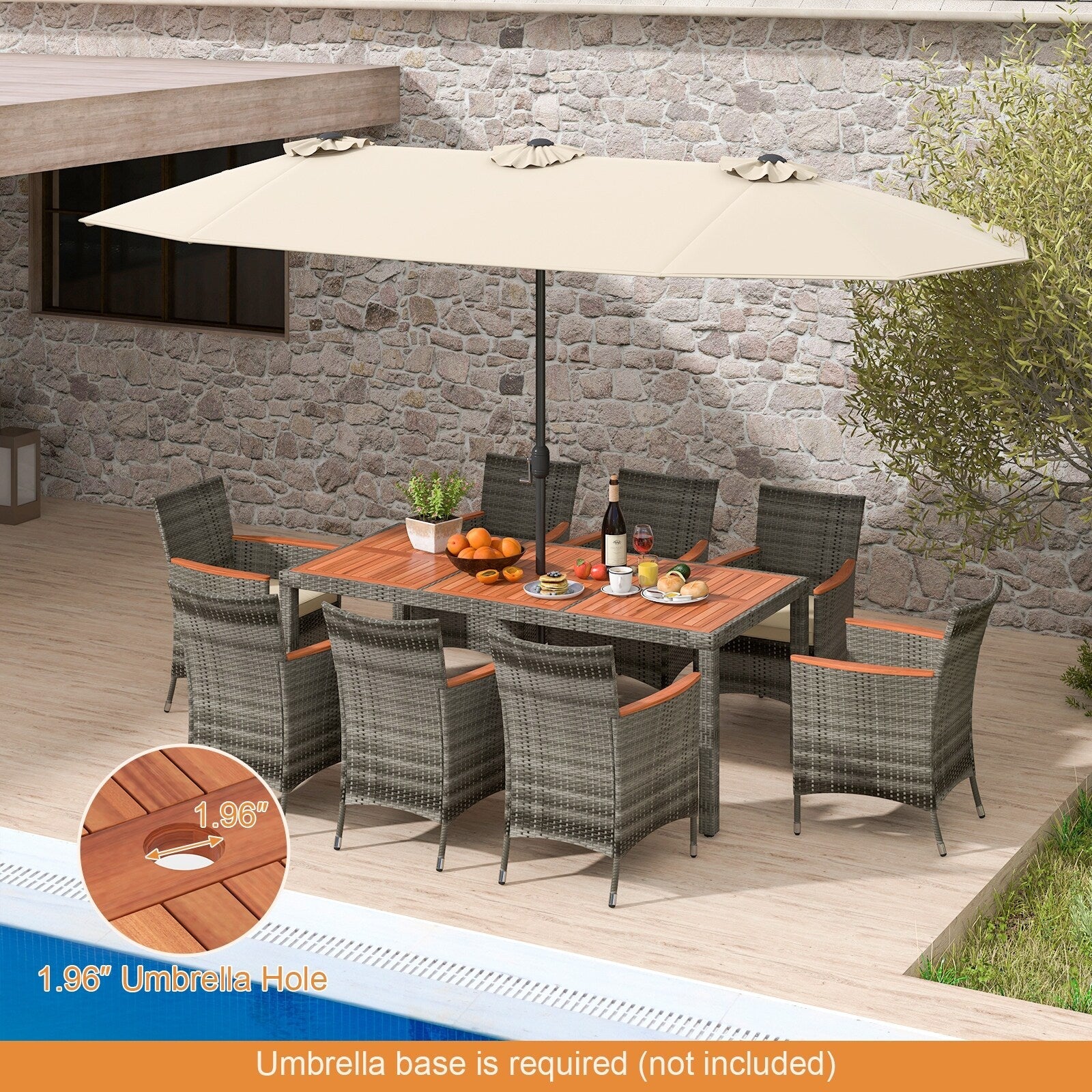 Ensemble de salle à manger d'extérieur Costway 9 pièces en osier avec table en bois d'acacia et 8 chaises - Voir les détails