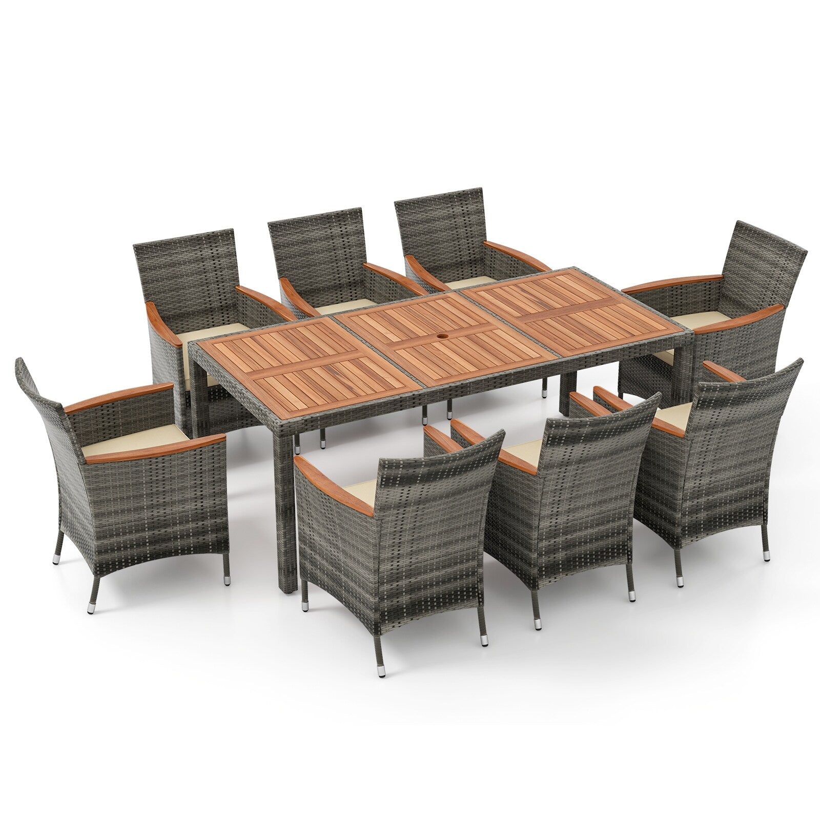Ensemble de salle à manger d'extérieur Costway 9 pièces en osier avec table en bois d'acacia et 8 chaises - Voir les détails
