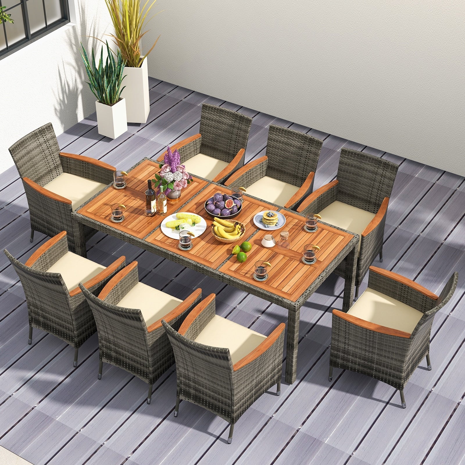 Ensemble de salle à manger d'extérieur Costway 9 pièces en osier avec table en bois d'acacia et 8 chaises - Voir les détails