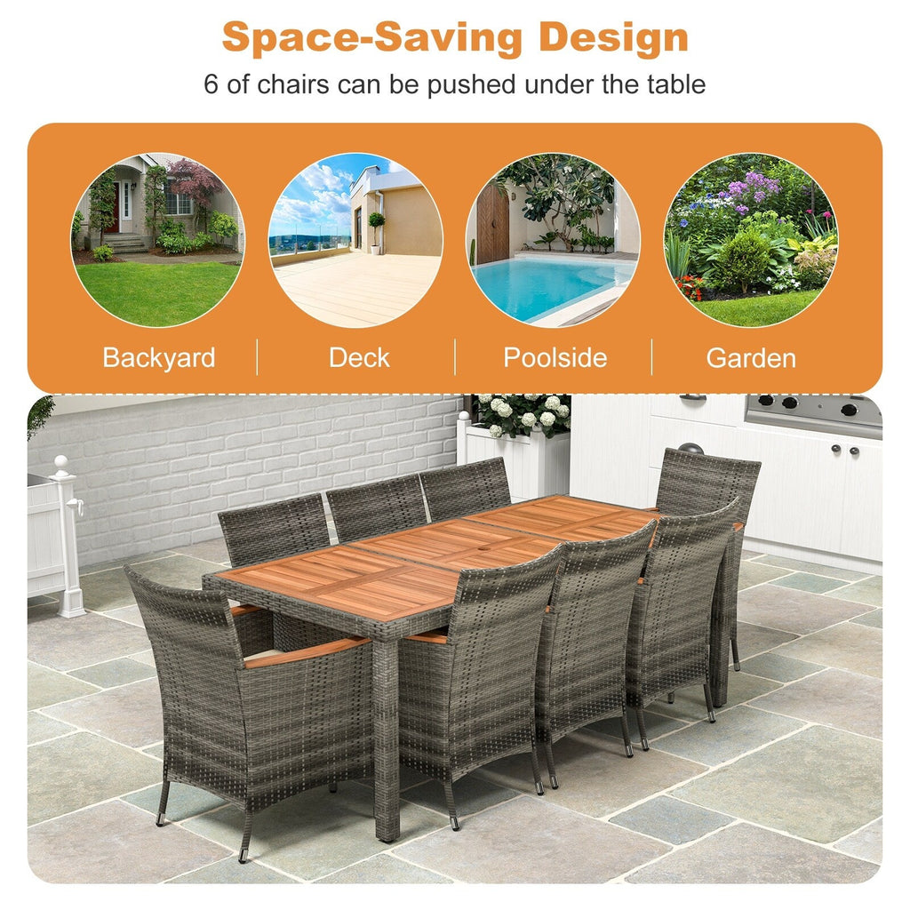 Ensemble de salle à manger d'extérieur Costway 9 pièces en osier avec table en bois d'acacia et 8 chaises - Voir les détails