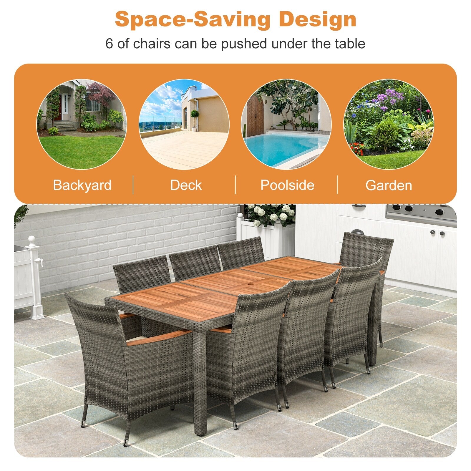 Ensemble de salle à manger d'extérieur Costway 9 pièces en osier avec table en bois d'acacia et 8 chaises - Voir les détails
