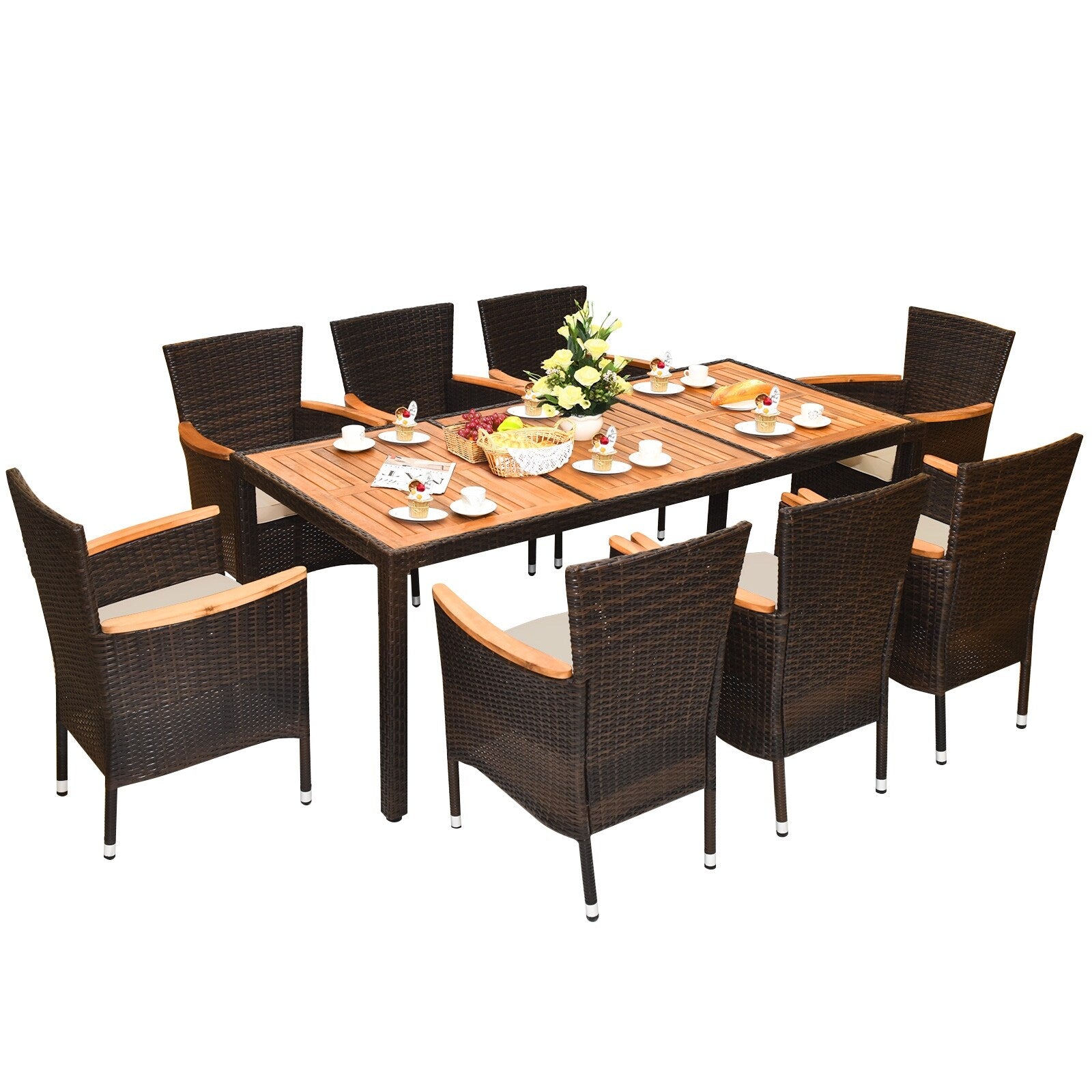 Ensemble de salle à manger en rotin Costway 9 pièces avec 8 chaises empilables et coussinées - Ensembles de 9 pièces