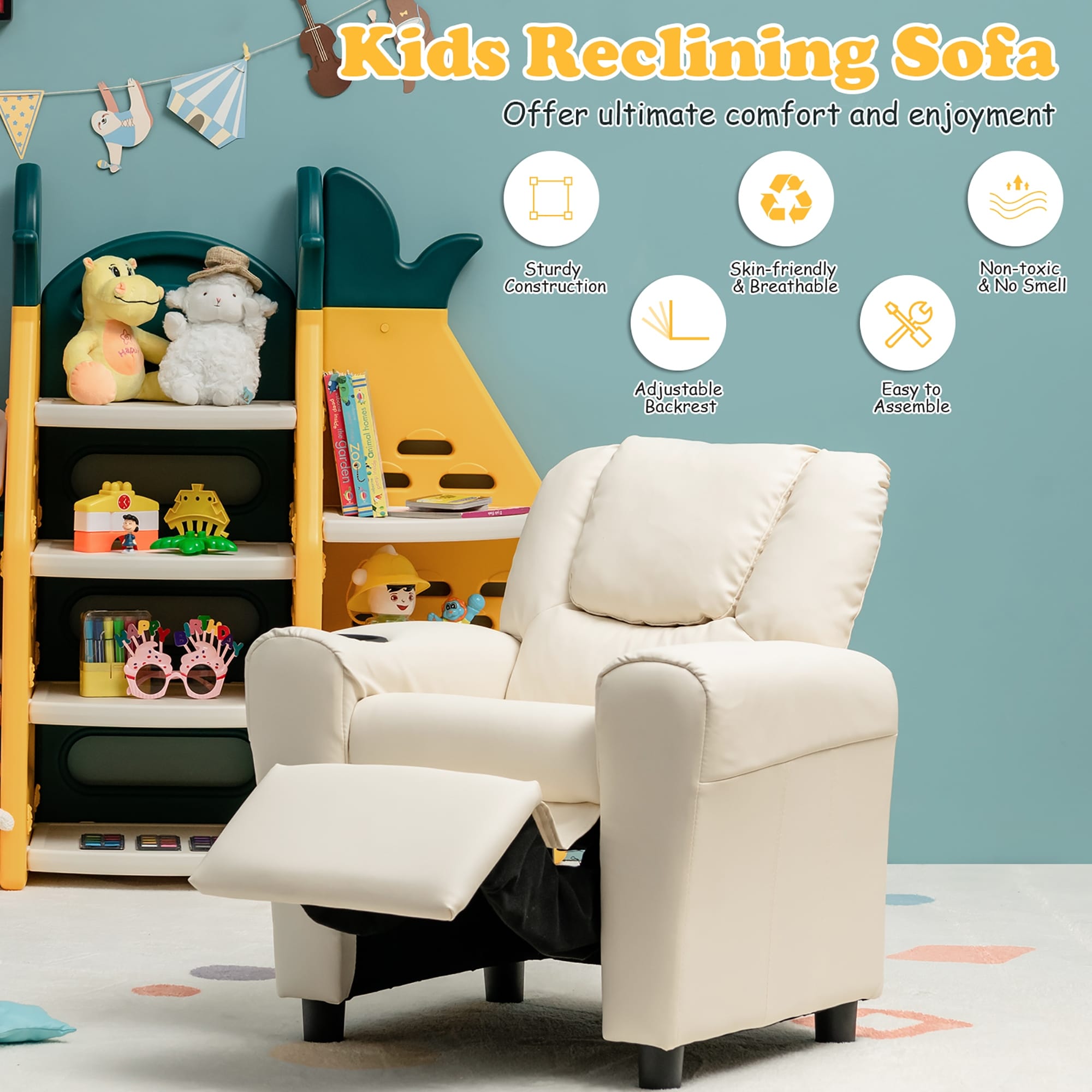 Fauteuil inclinable pour enfants Costway en cuir synthétique avec accoudoirs et repose-pieds