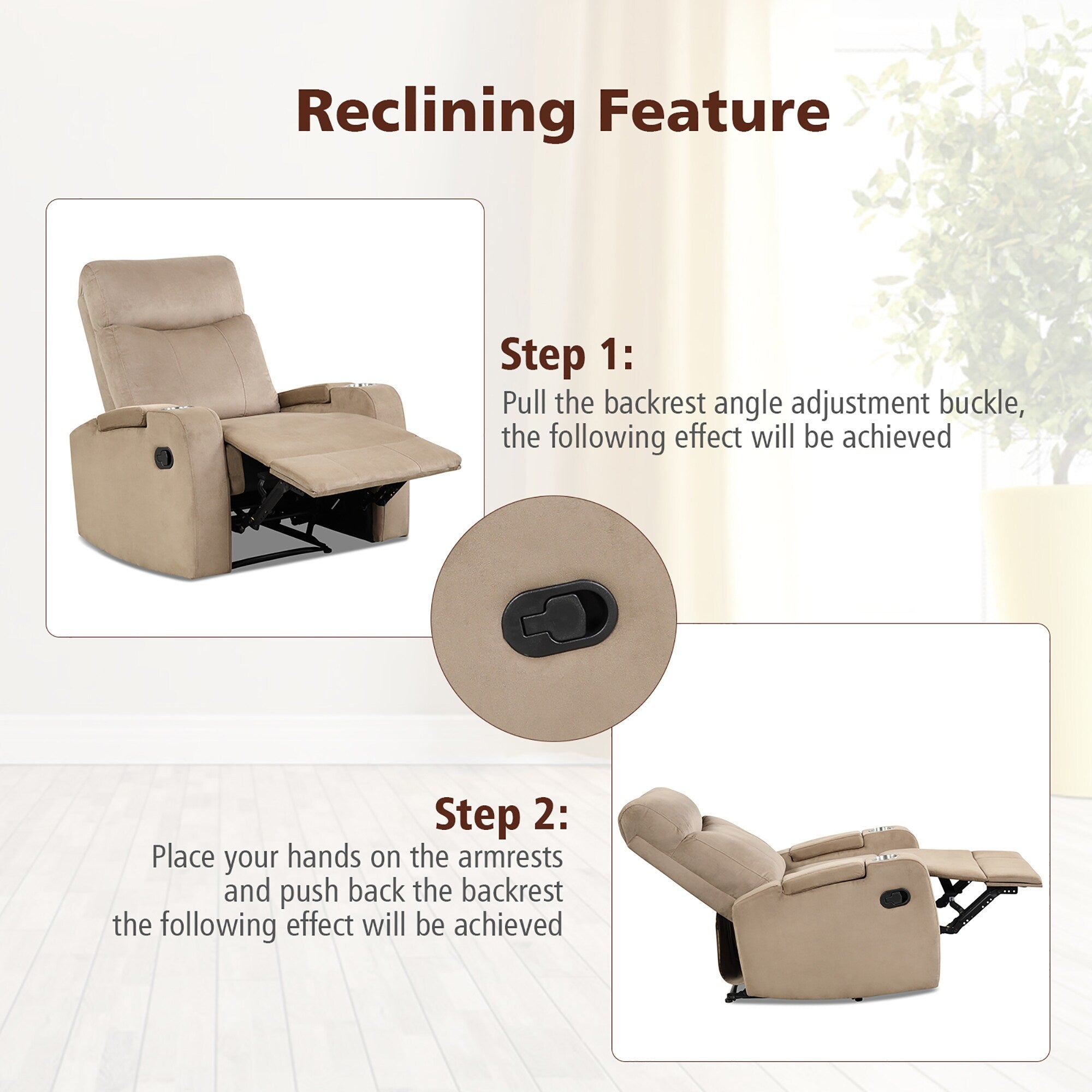 Fauteuil inclinable Costway, canapé simple, avec rangement pour accoudoirs et tasse